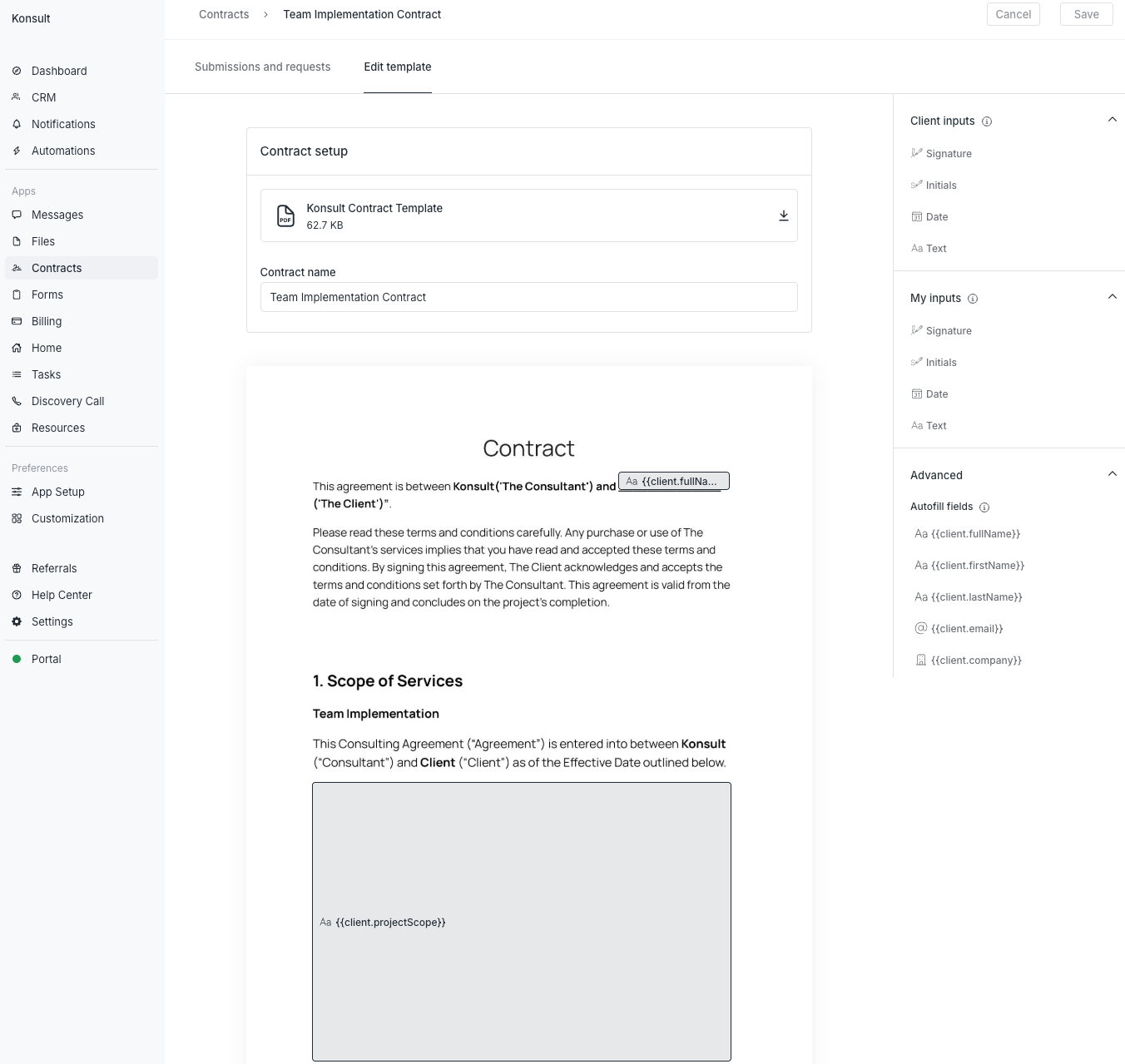 Assembly contract template editor showing a contract preview with autofill fields, and a side panel listing available inputs like signature, initials, and date.