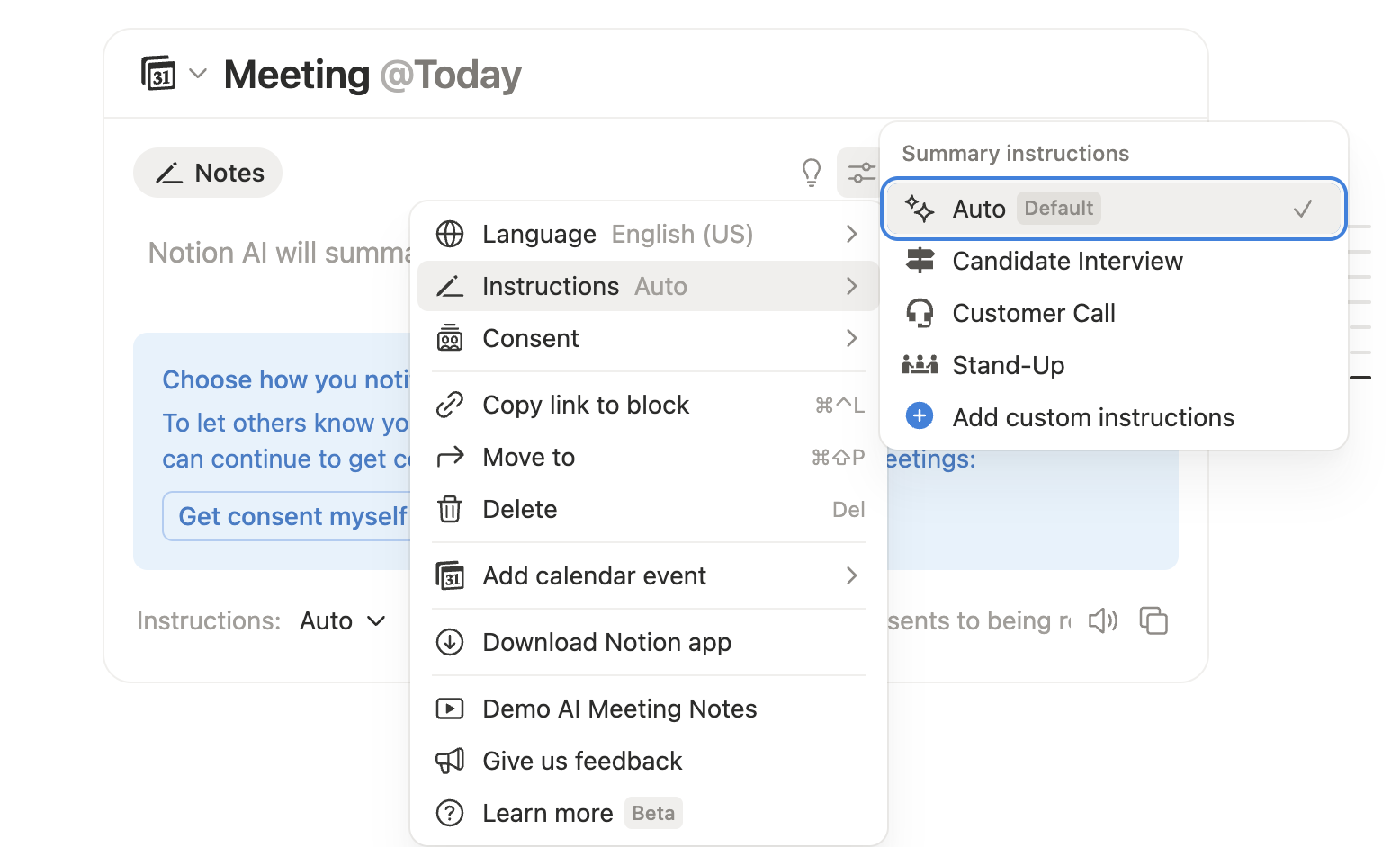 Notion AI meeting notes settings showing custom summary instructions options like candidate interview, customer call and stand up