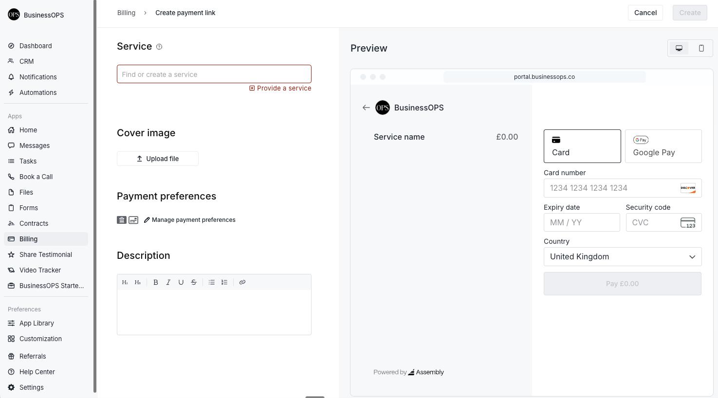 Assembly payment link creation screen with fields for service selection, cover image, and payment details.