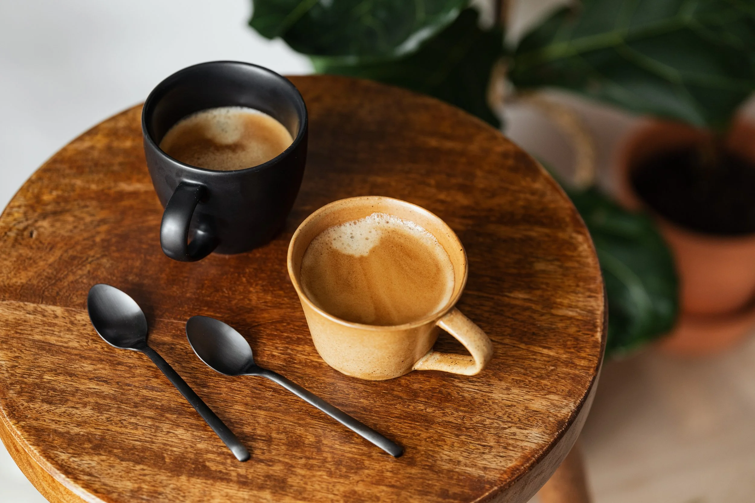 Two cups of espresso, one black and one beige, on a round wooden table with two small black spoons beside them, with a potted plant in the background.