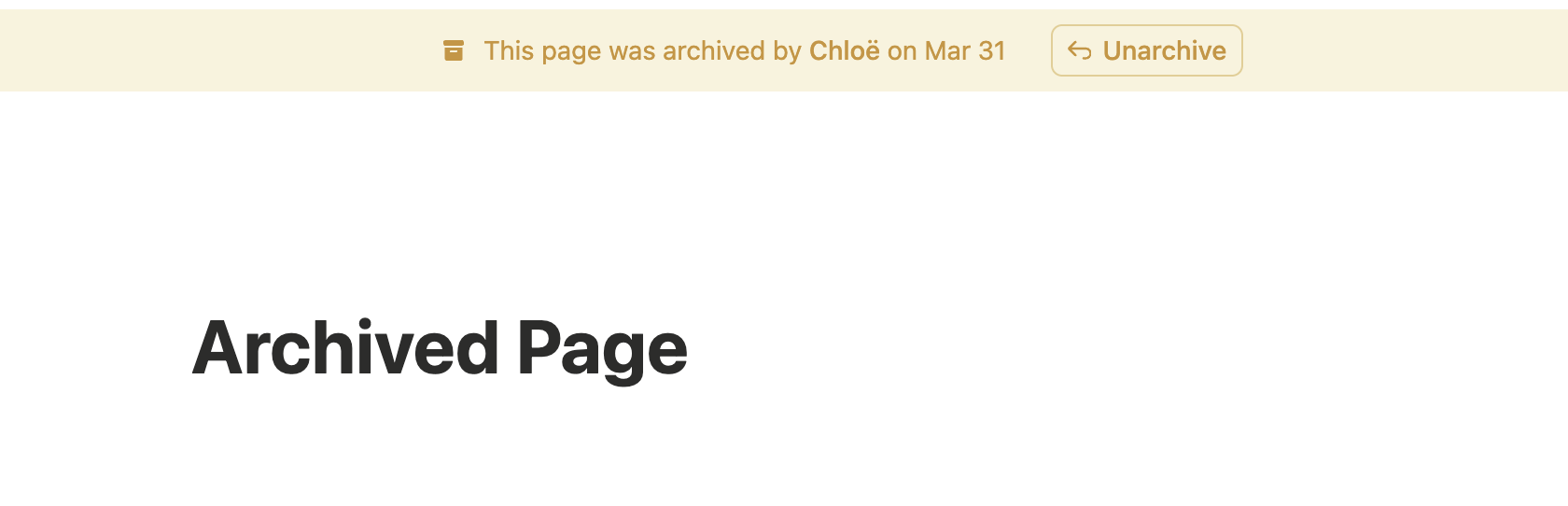 Notion archived page view showing archived status banner at top and page marked as archived