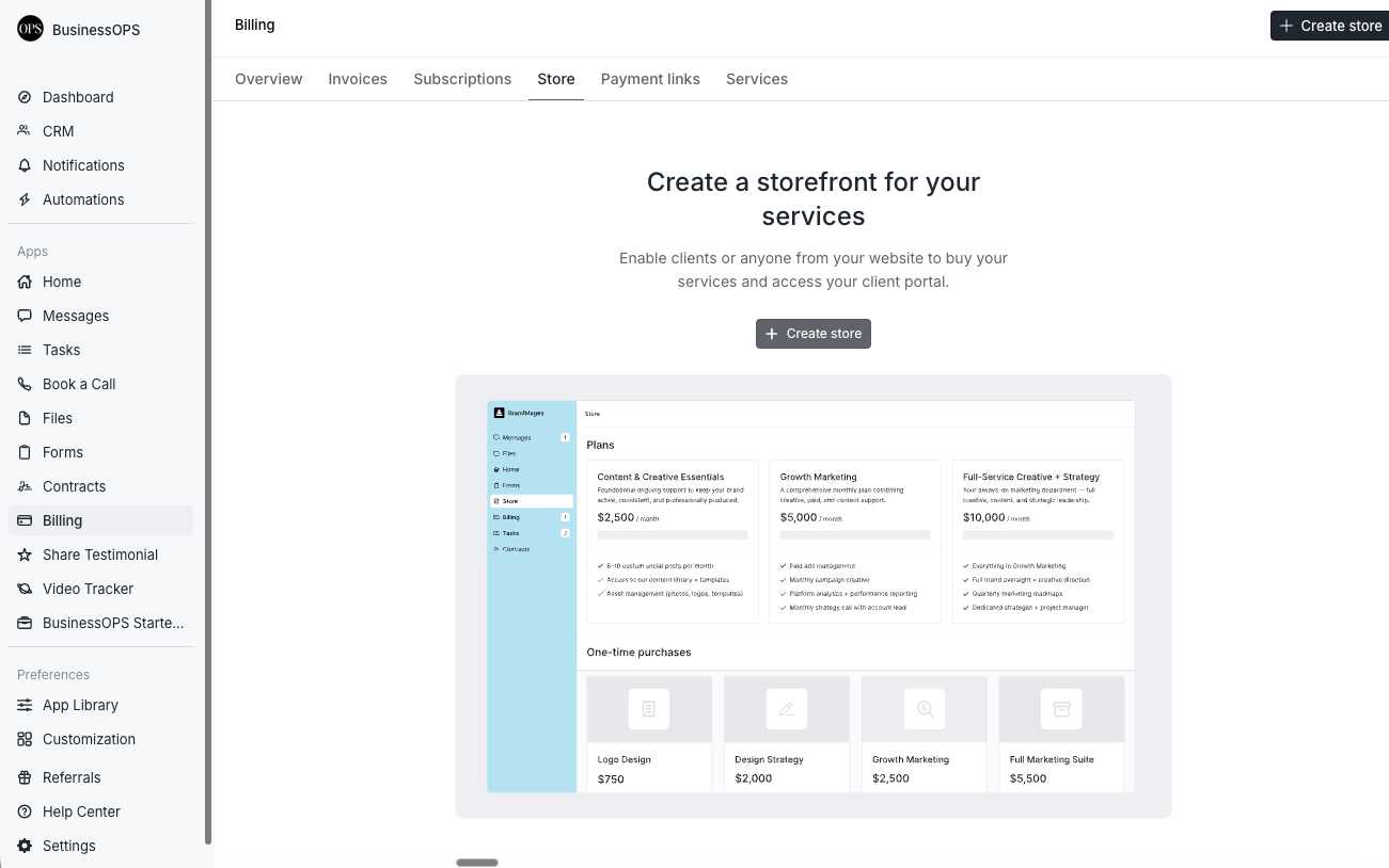 Assembly store editor showing service plans arranged in a storefront layout with pricing and descriptions.