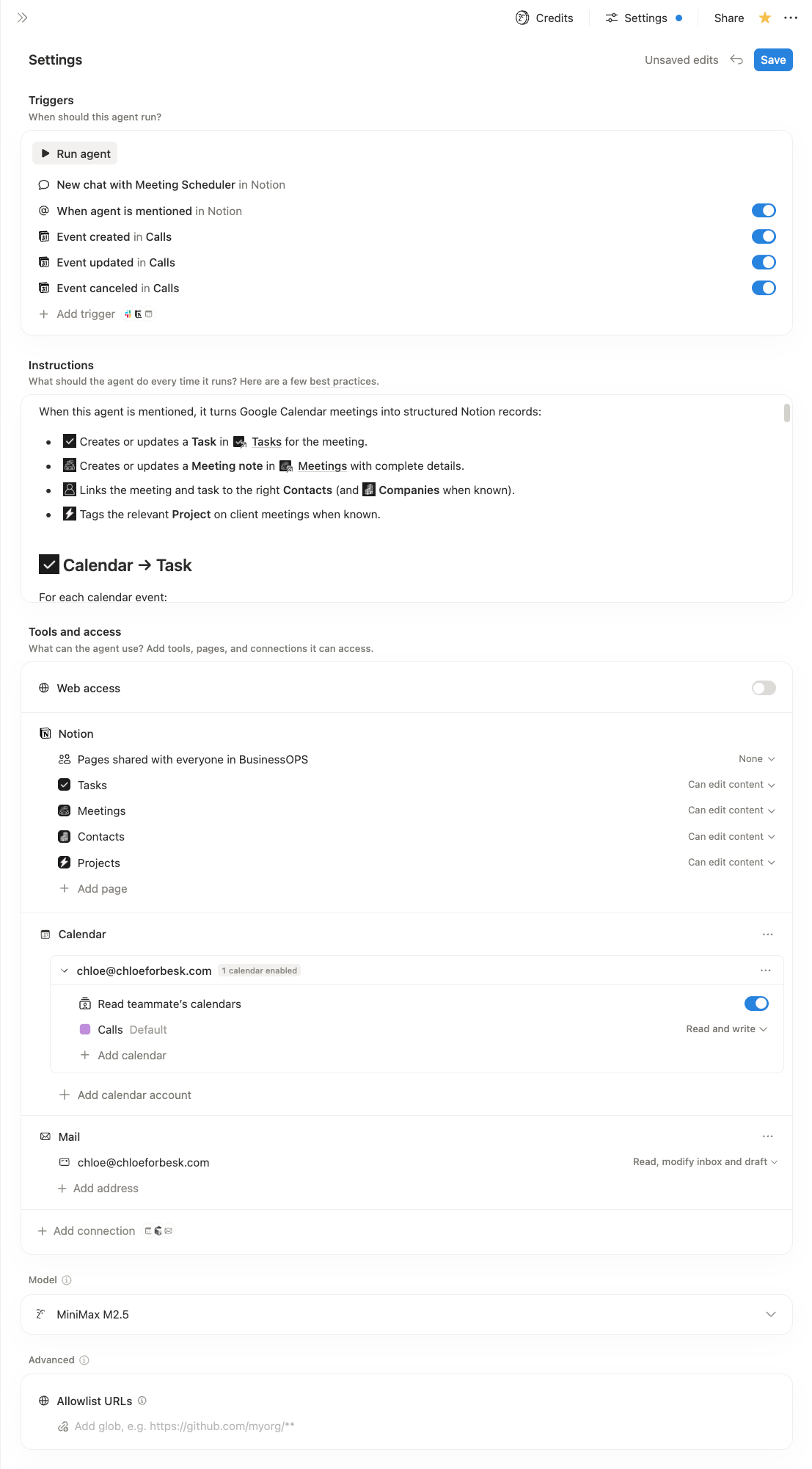 Notion Custom Agent settings showing triggers, instructions, tools and access including calendar integration and database permissions