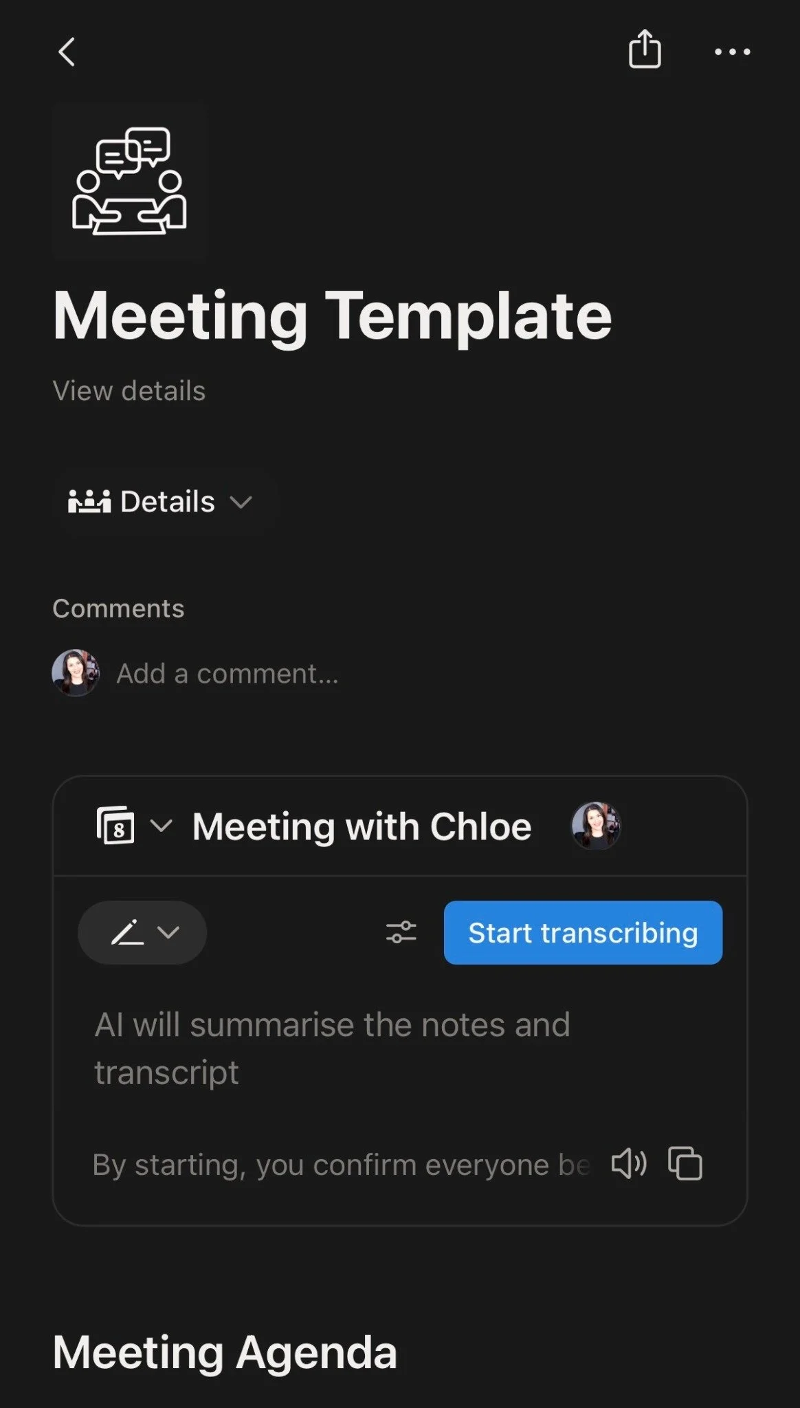 Notion mobile meeting notes showing AI transcription and automatic summary generation during a meeting