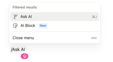 Notion slash command menu showing Ask AI and AI Block options for using AI within a page