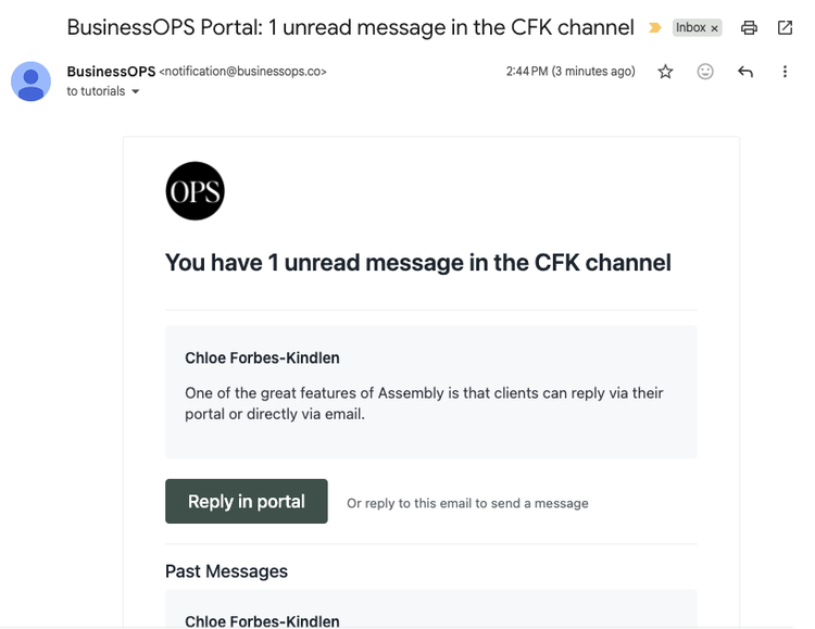 A screenshot of an email notification for an unread portal message. The email includes a clear “Reply in portal” button and a preview of the conversation, showing how clients can respond via email without losing the thread in the portal.**