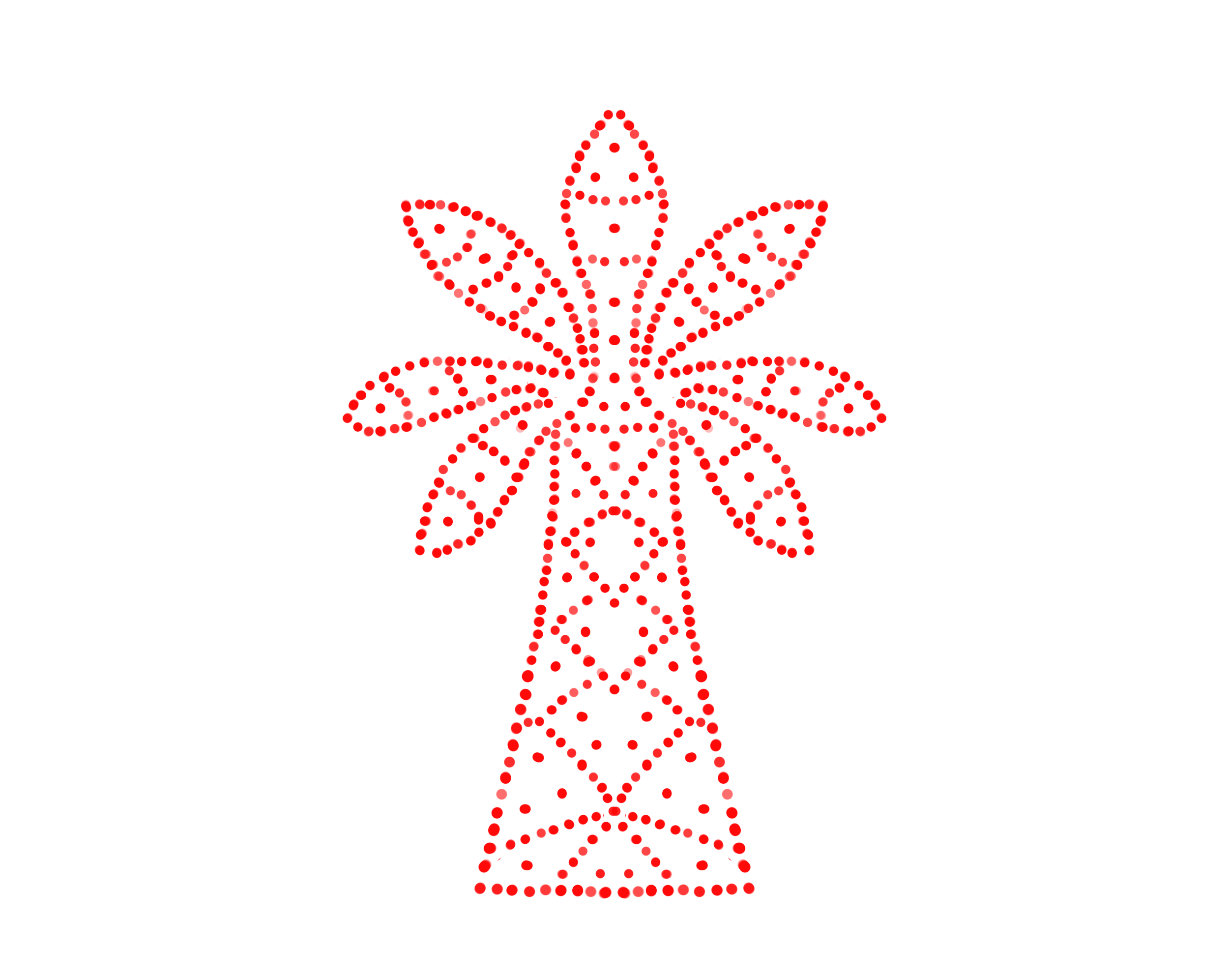 Red illuminated outline of a palm tree made of dots against a black background.