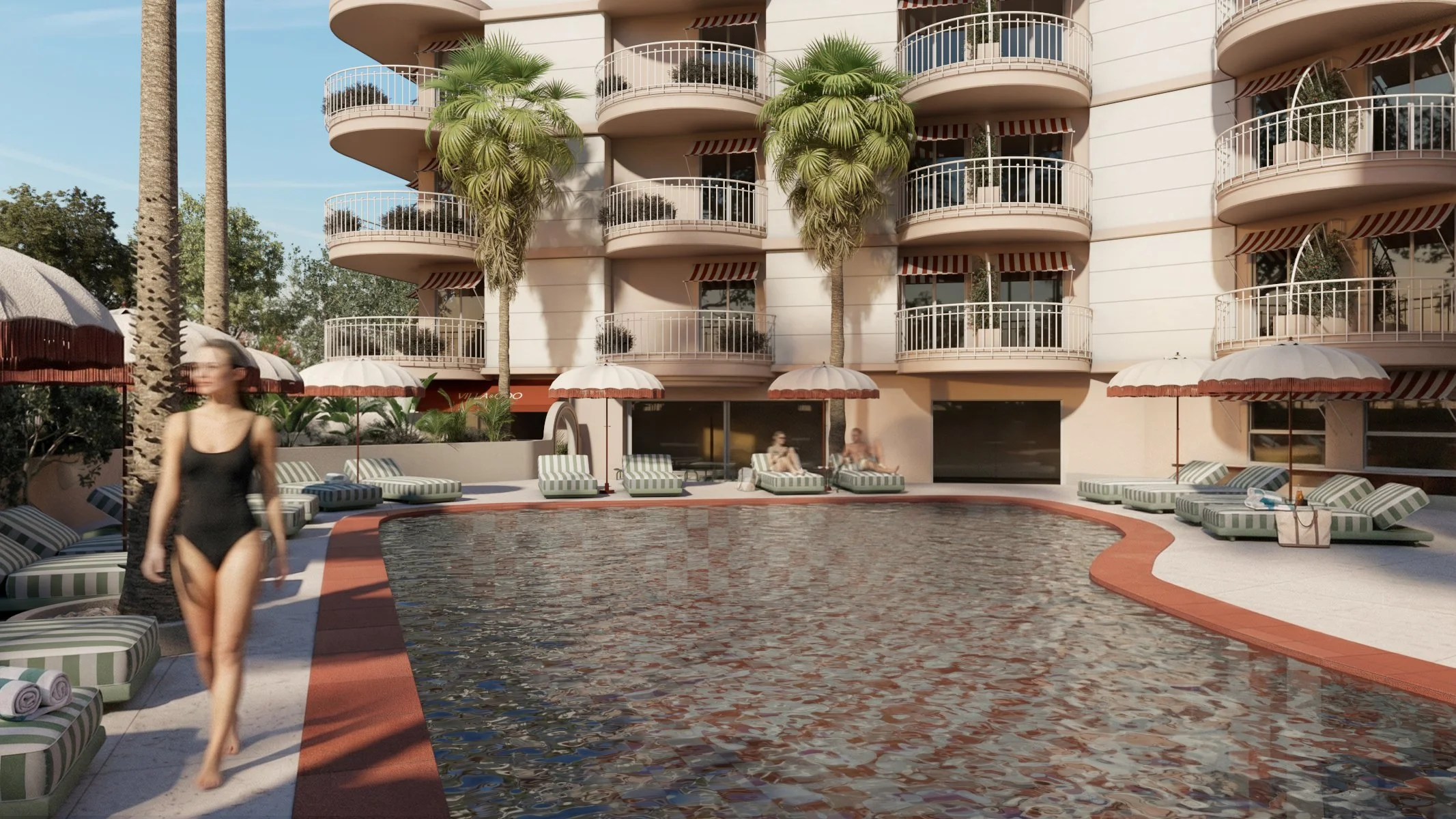 People relaxing by the pool at a luxury hotel, with a woman walking past and others lounging on striped chairs under umbrellas, multi-story building with balconies in the background.
