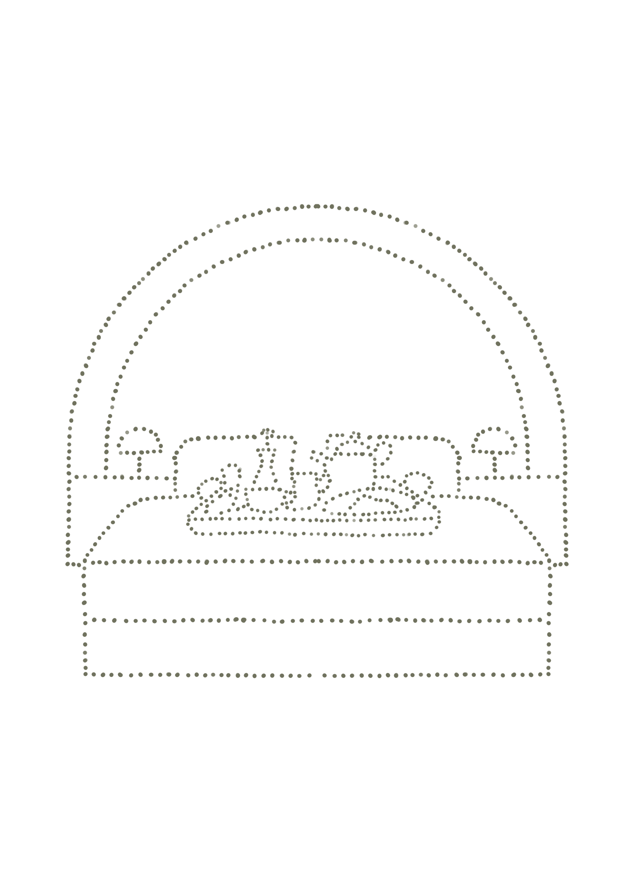 Dotted line drawing of a bed with two pillows, two bedside lamps, and a person lying under a blanket.