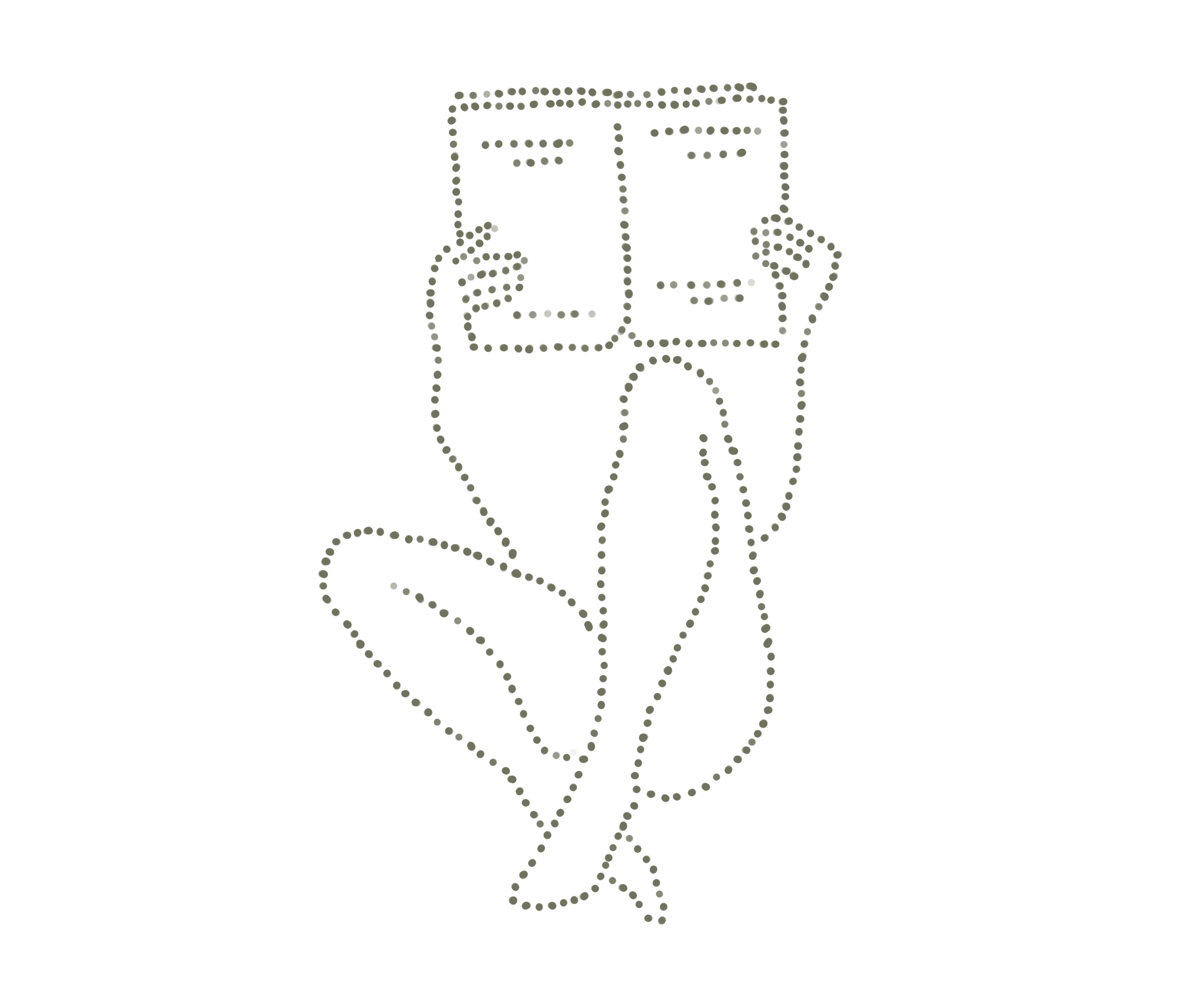 A line drawing of a person sitting cross-legged, holding a large book in front of their face. The drawing is made of small dots on a black background.