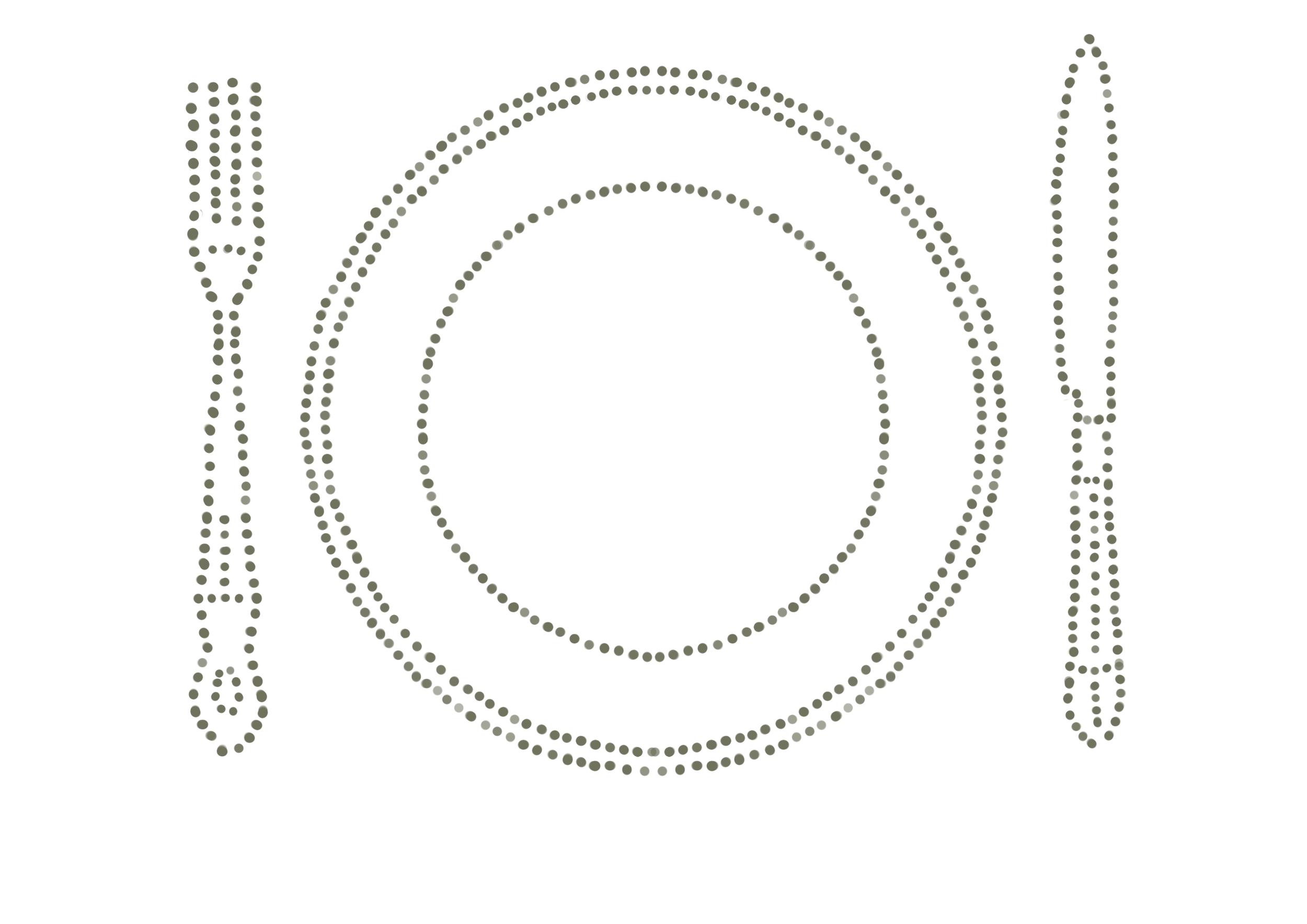 Stylized dotted outline of a plate with a fork on the left and a knife on the right.