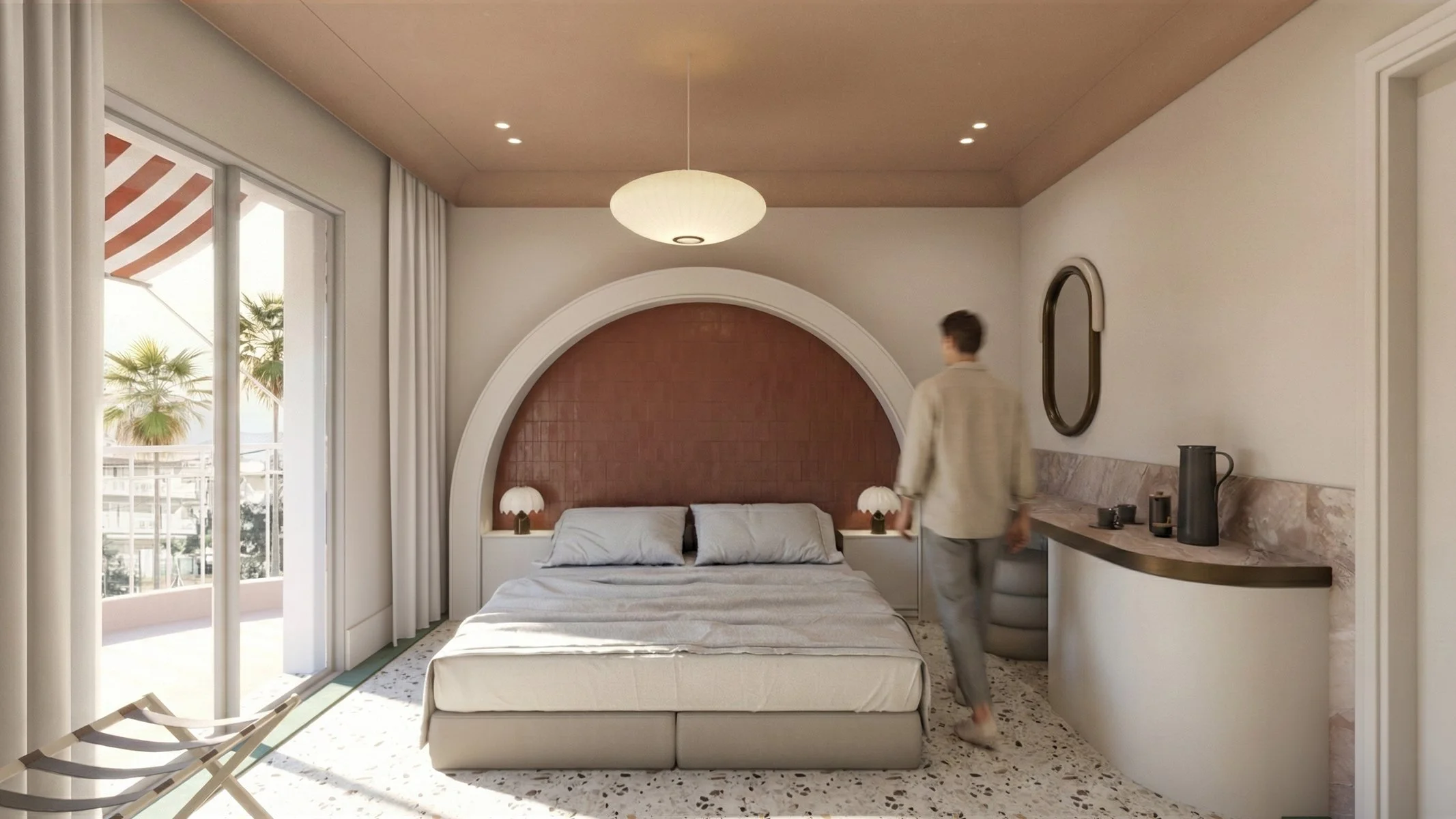 Modern bedroom with large bed, arched headboard, nightstands with lamps, sliding glass door with curtains leading to balcony, and a man walking inside.