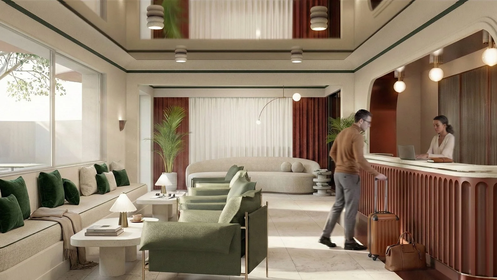 Hotel lobby with a reception desk, seating area with sofas and chairs, large windows, indoor plants, and two people at the front desk.