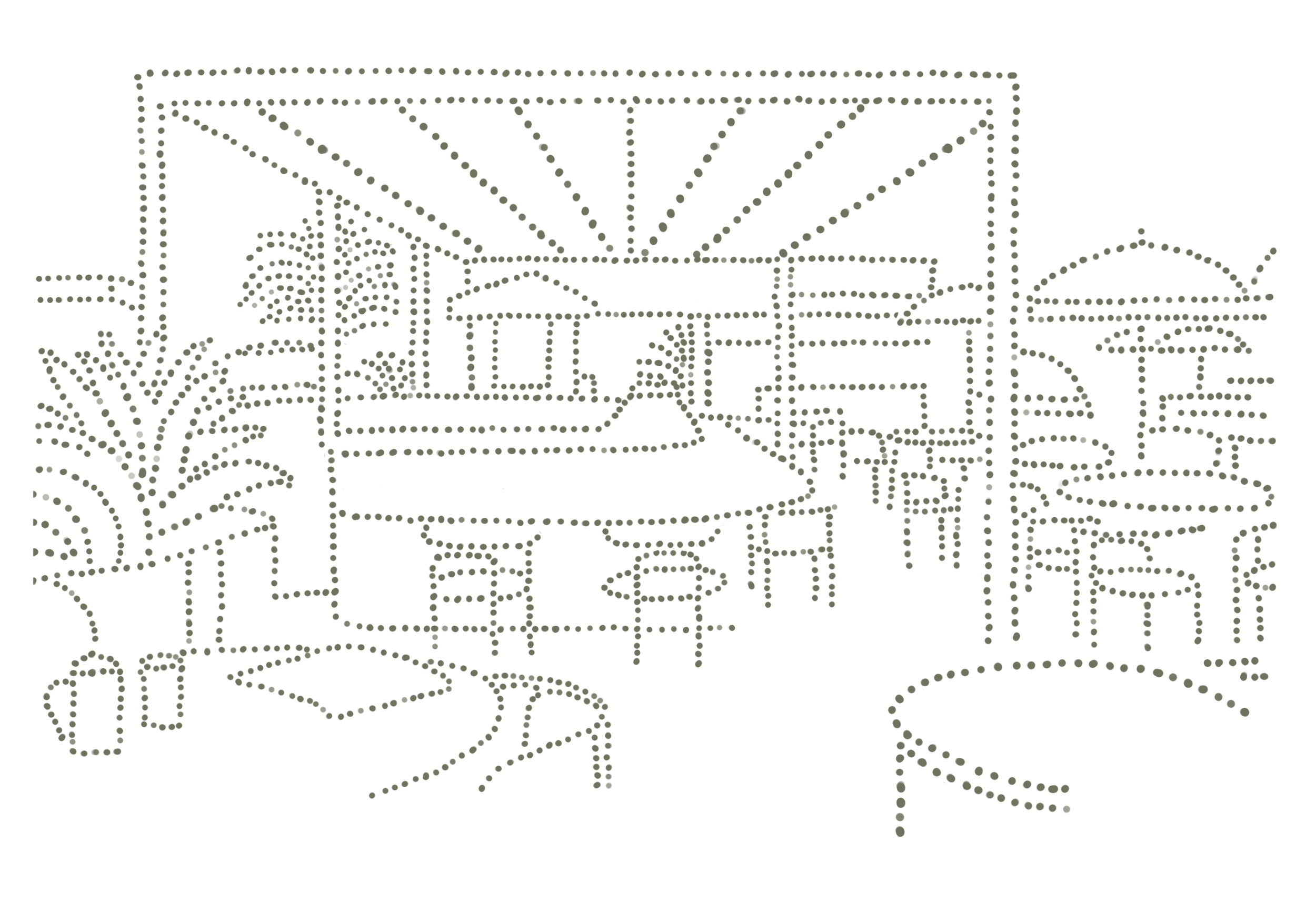 Dotted line illustration of an outdoor patio area with tables, chairs, potted plants, and a canopy or trellis overhead, with trees in the background.