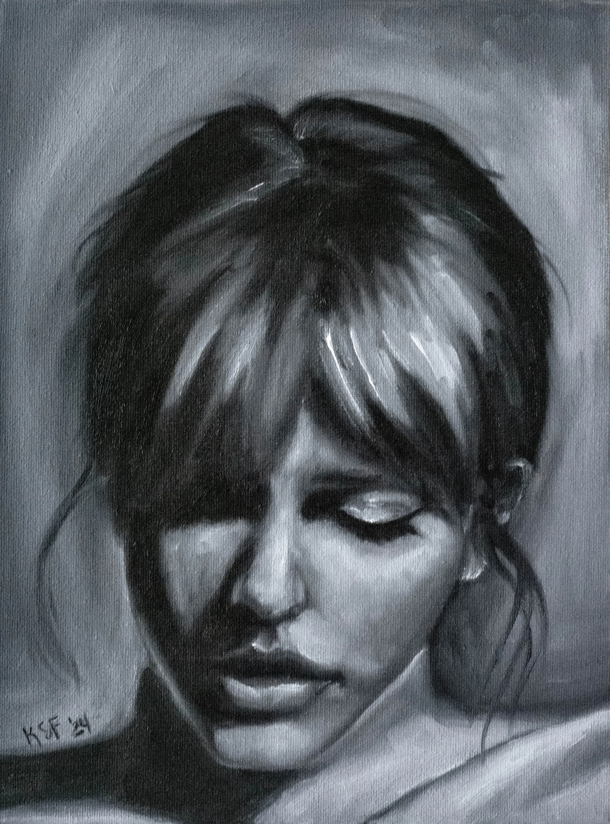 Black and white portrait of a woman with closed eyes, short dark hair, and a contemplative expression.