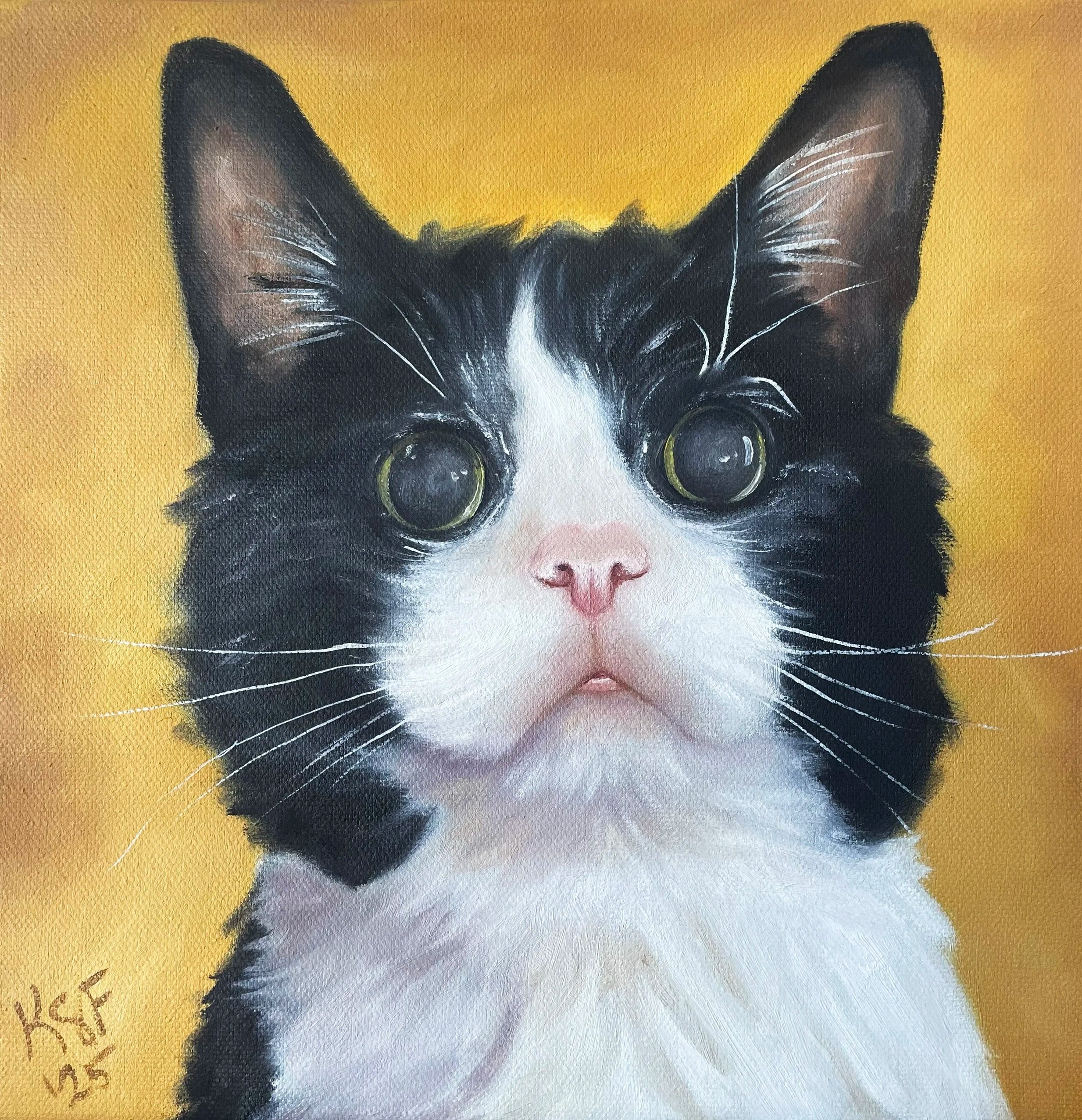 Painting of a black and white cat with large yellow-green eyes, pink nose, and white whiskers on a yellow background.