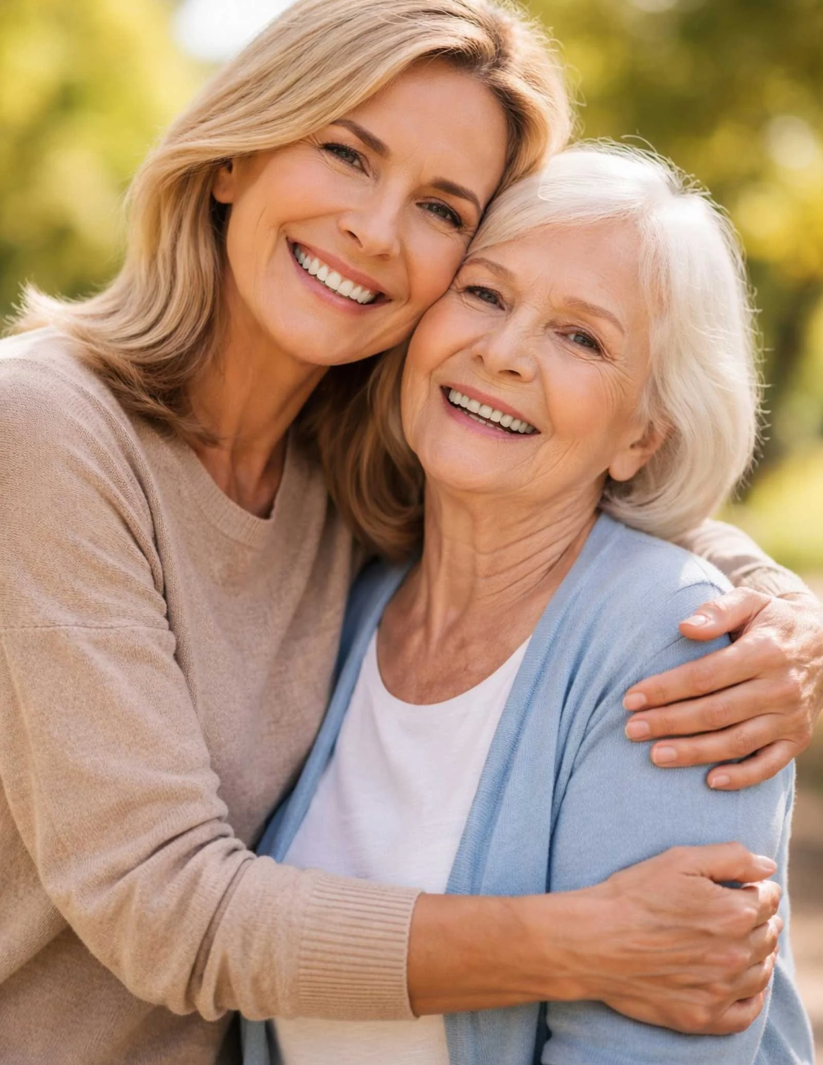 Adult daughter and older mother smiling and embracing outdoors.