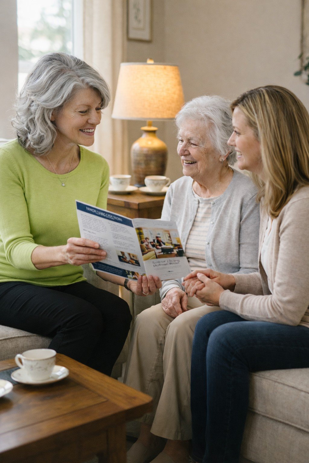 Senior living advisor meeting with an older woman and family member in a comfortable home setting, reviewing senior living information together.