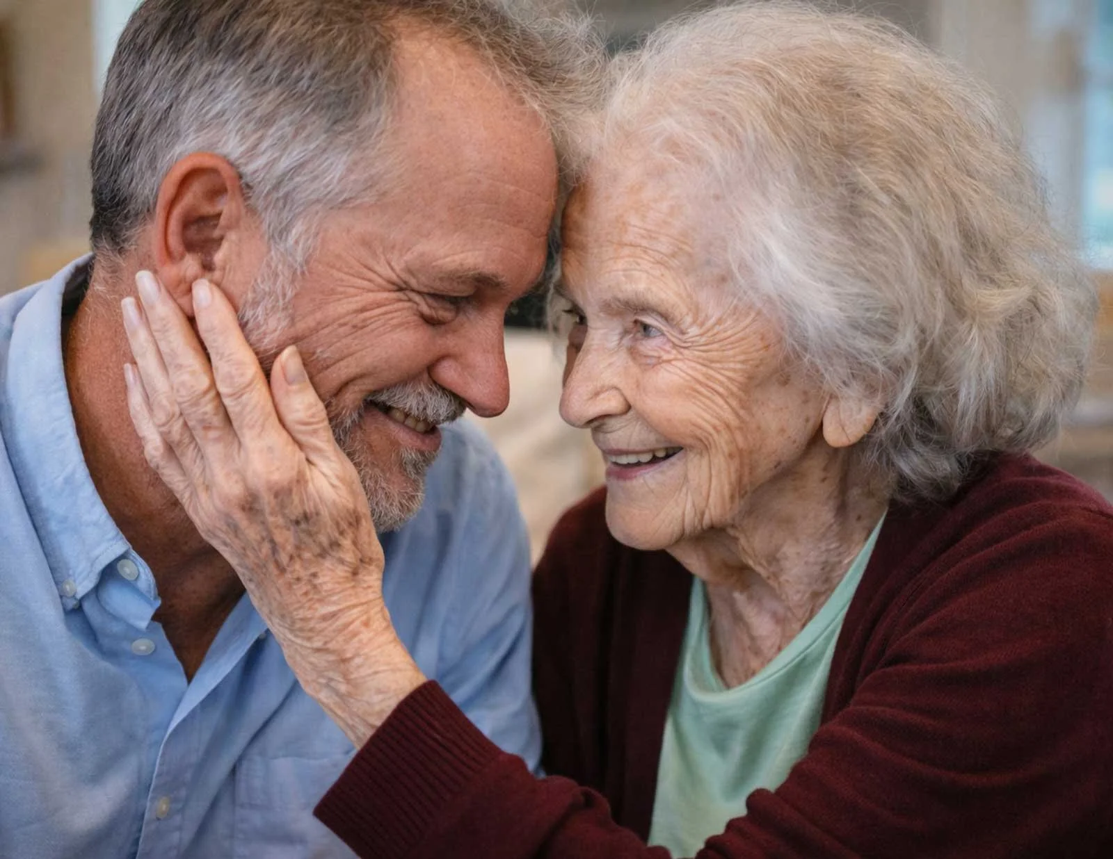 Older woman smiling and touching a man’s face as they share a close, affectionate moment together.