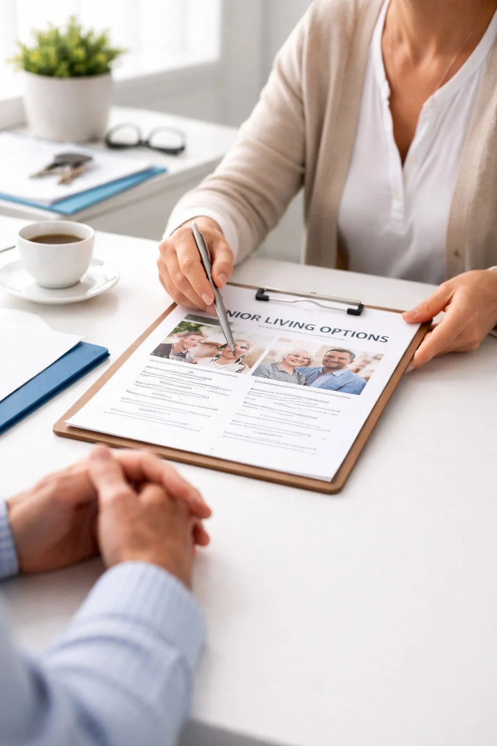 Senior living advisor reviewing housing options with a client during a consultation at a desk.