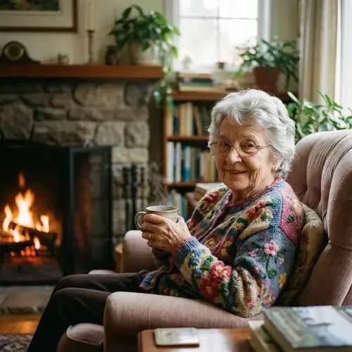 Older woman sitting in a cozy chair by the fireplace, holding a cup and smiling in a warm, home-like setting.