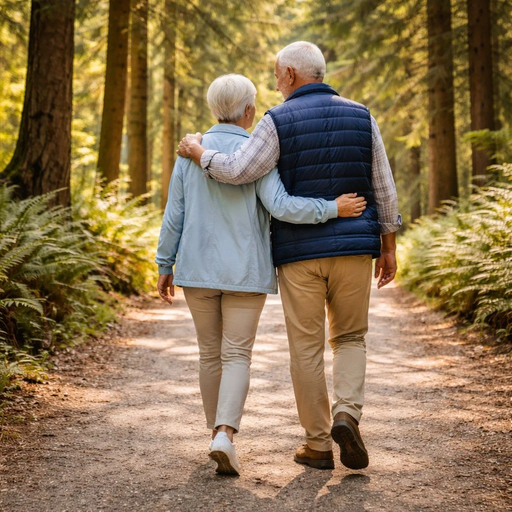 Older couple walking arm in arm along a wooded trail, enjoying a peaceful outdoor moment together.