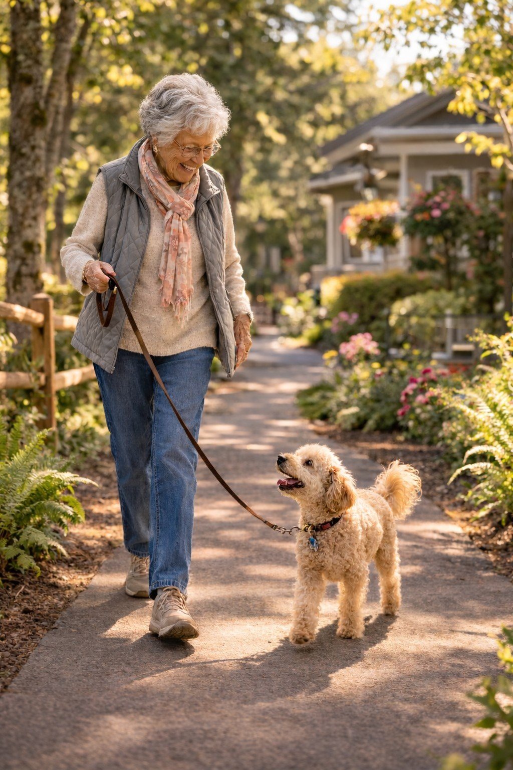 Older woman walking her dog along a sunny garden path in a peaceful senior living community.