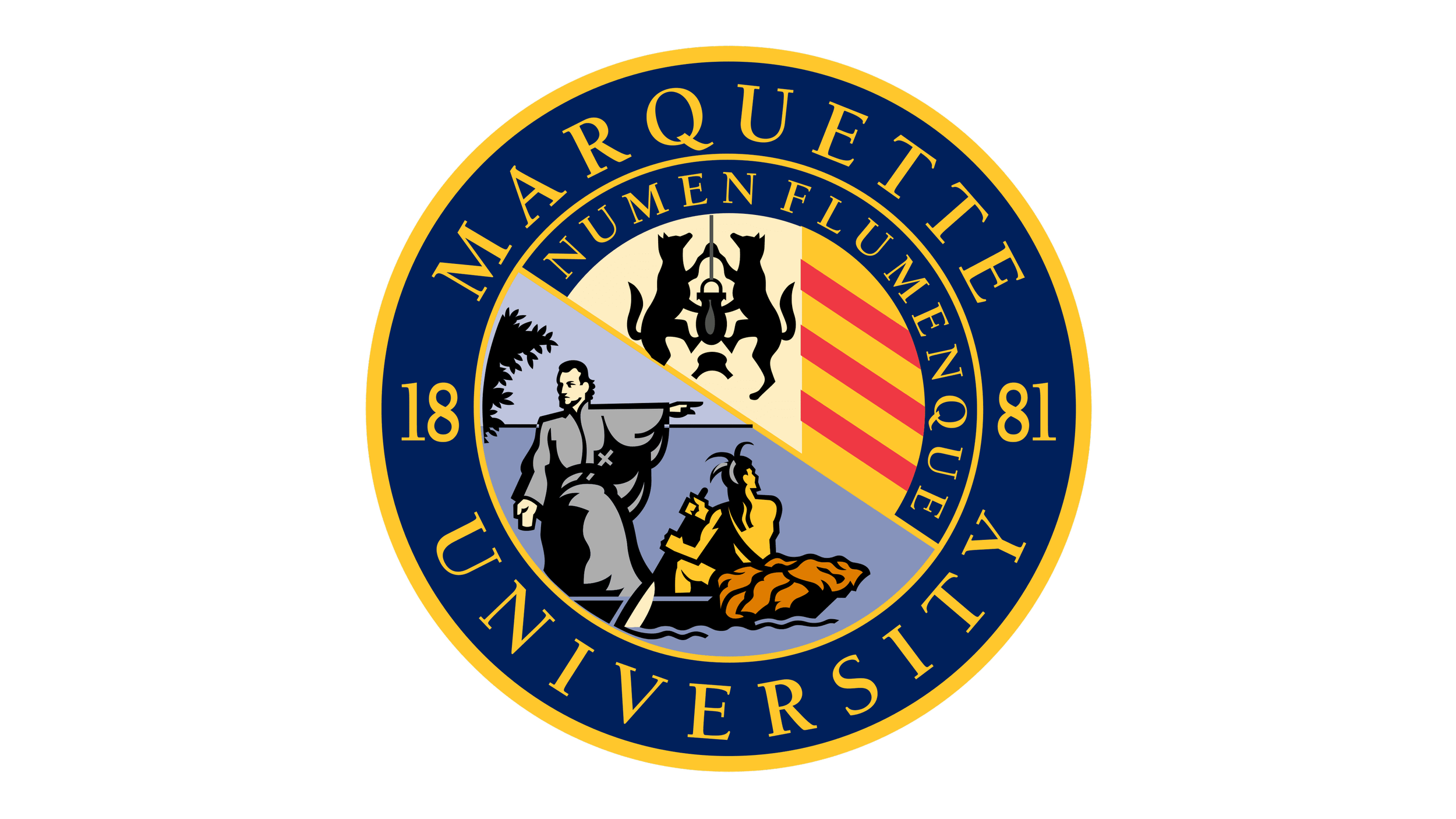 The seals of Marquette University, featuring a blue and gold emblem with a central shield depicting a man in a hooded cloak pointing forward, a lion, and a shield with red and yellow stripes, surrounded by the words "Marquette University" and the year 1881.