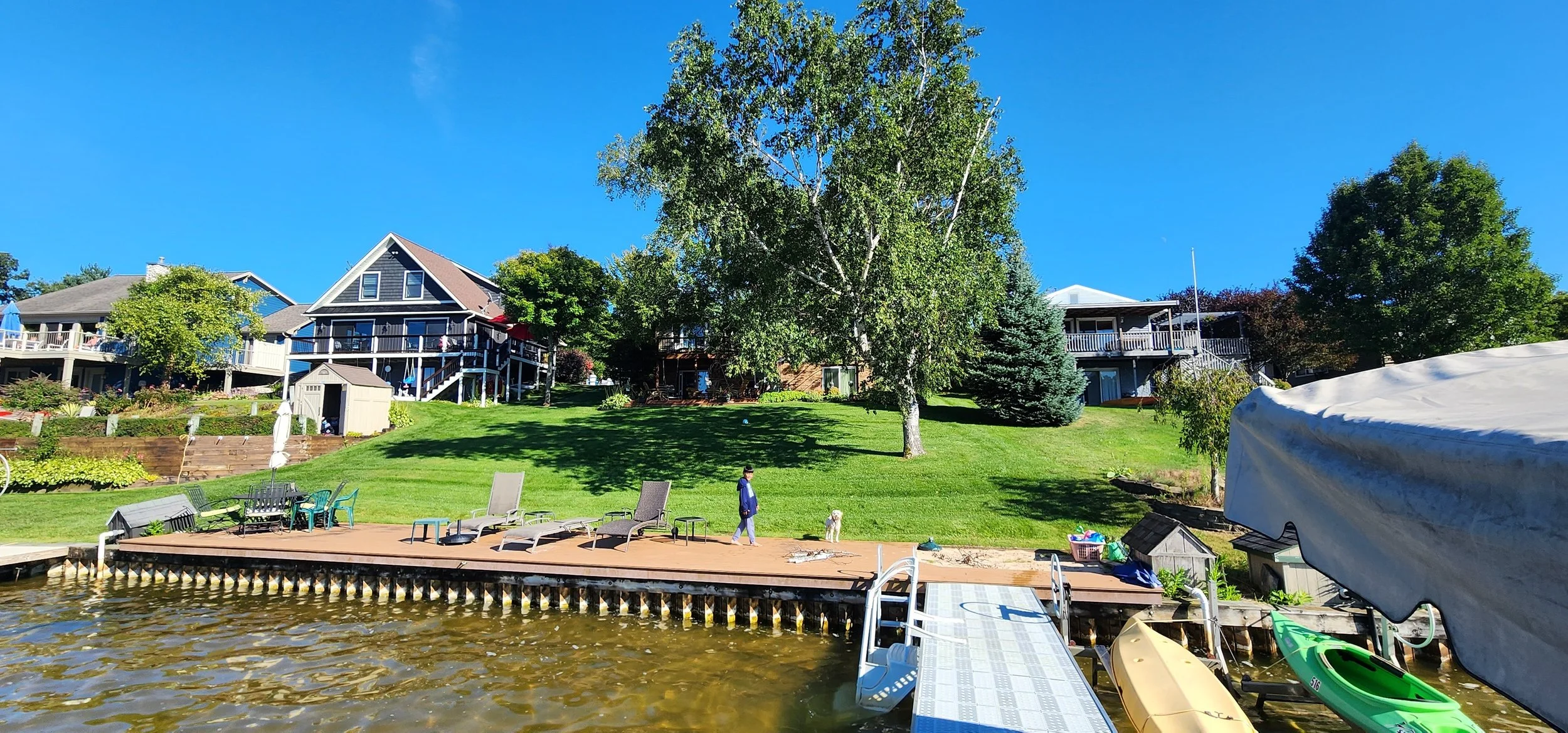 Lakeside backyard with green lawn, trees, multi-story houses with decks, a dock with lounge chairs, a person walking a dog, and boats next to the water on a sunny day.