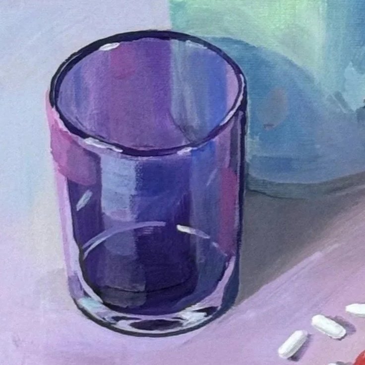 A watercolor painting of a purple glass on a surface with some pills nearby.