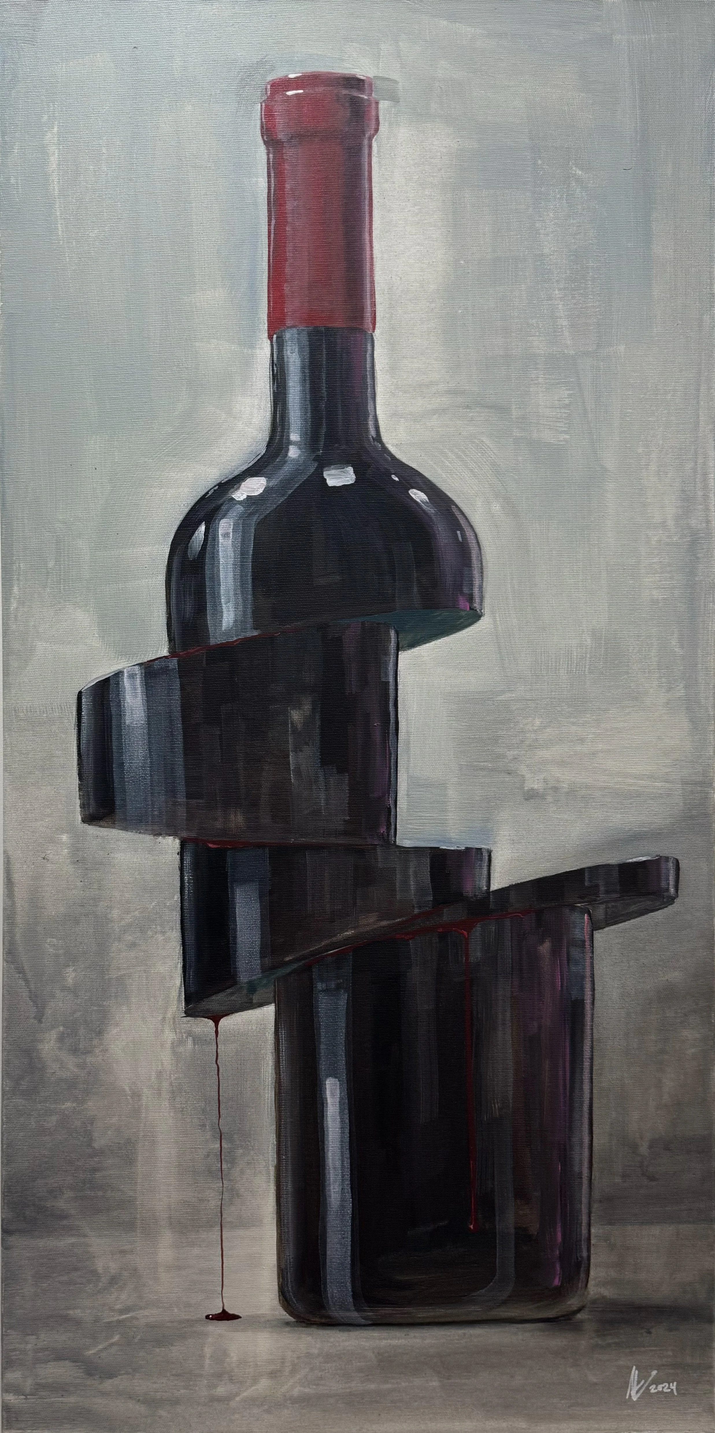 Ein Gemälde, das eine schwarze Flasche und ein breites, schwarzes Objekt zeigt, die übereinander gestapelt sind, mit roten Akzenten und farbigen Reflexionen auf der Oberfläche.