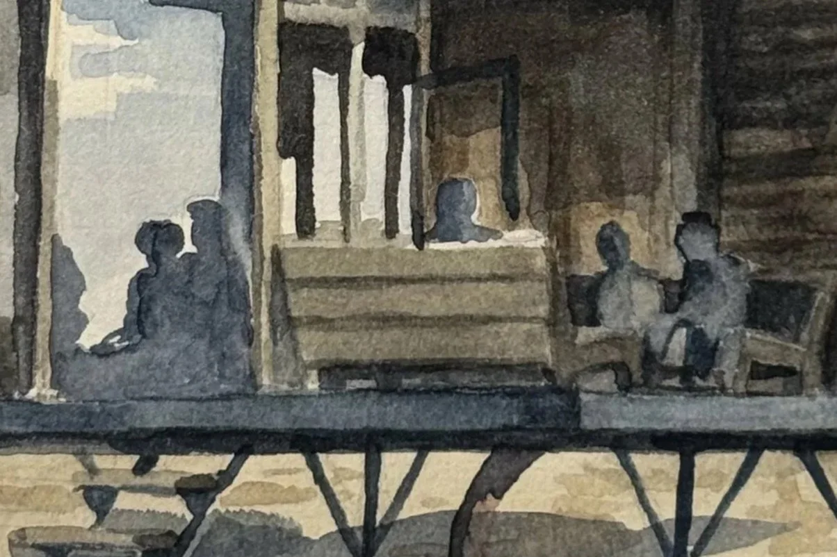 Skizze eines Raumes mit mehreren sitzenden und stehenden Personen, vermutlich in einem historischen oder kulturellen Kontext.