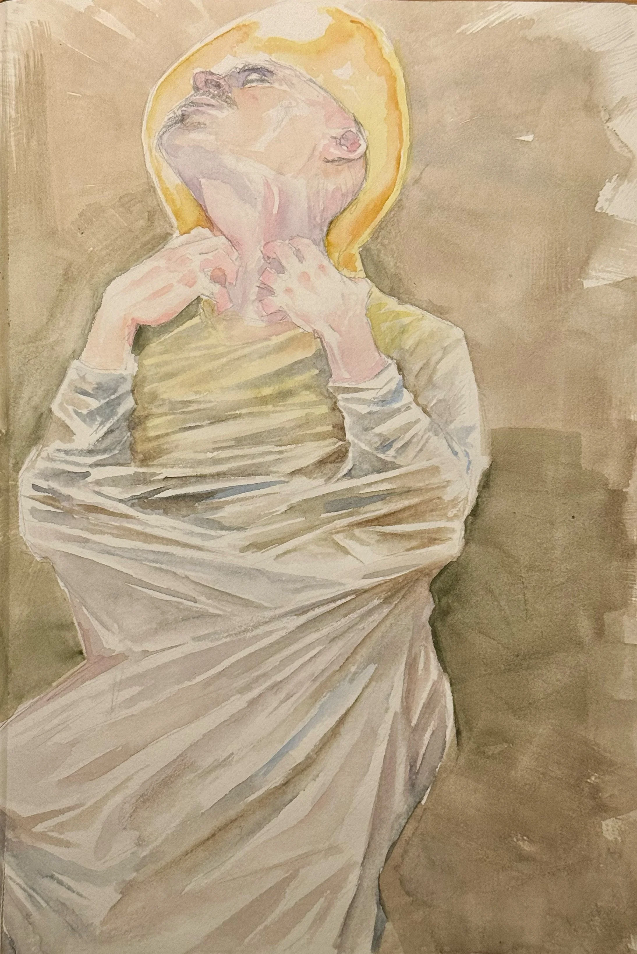 Ein Wasserfarbenbild von Jesus Christus mit einer Heiligenschein und in einer weißen Tunika, mit den Händen an seinem Hals, in einer emotionalen Pose.
