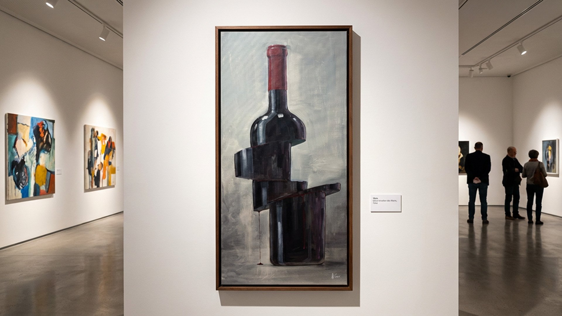 Abstraktes Gemälde eines Weinglases, das durch schwarze, graue und rote Farbkleckse und striche dargestellt ist, in einem Kunstmuseum.