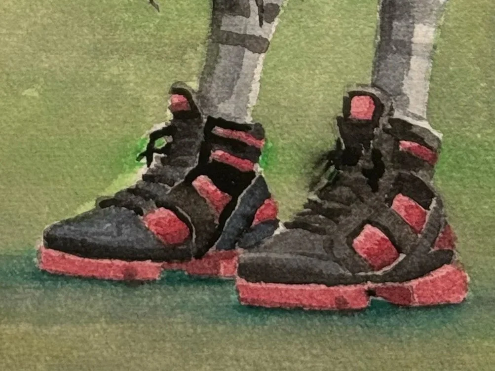 Nahaufnahme von schwarzen und roten Sport- oder Wanderstiefeln, getragen von einer Person. Gemalt in Aquarell von Max Zimmermann