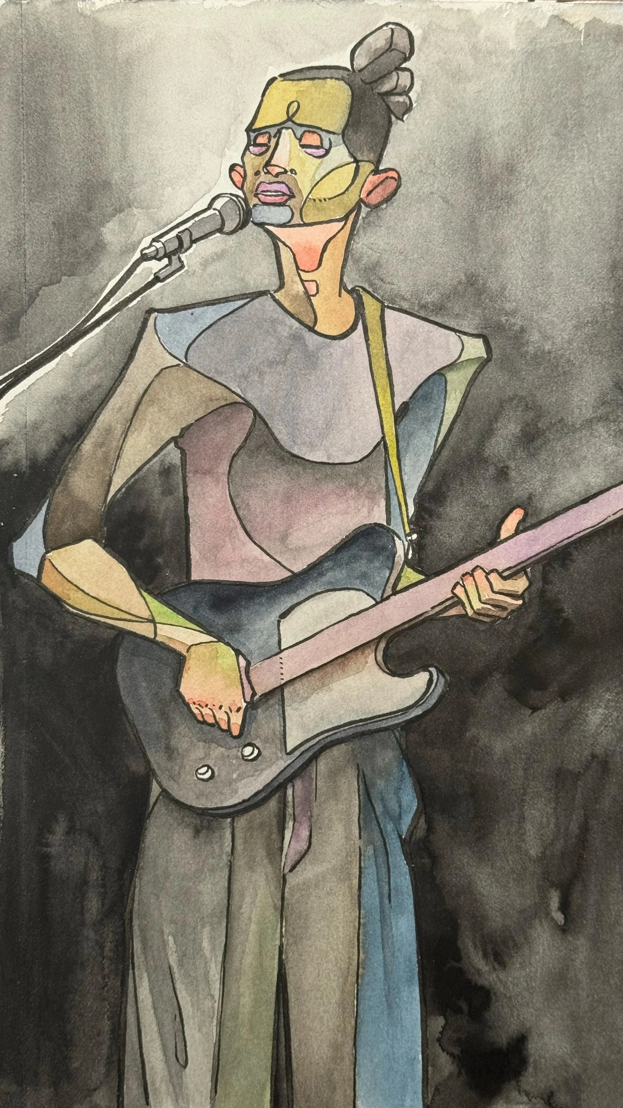 A watercolor illustration of a man playing an electric guitar and singing into a microphone, wearing glasses and a casual outfit, with a dark background.