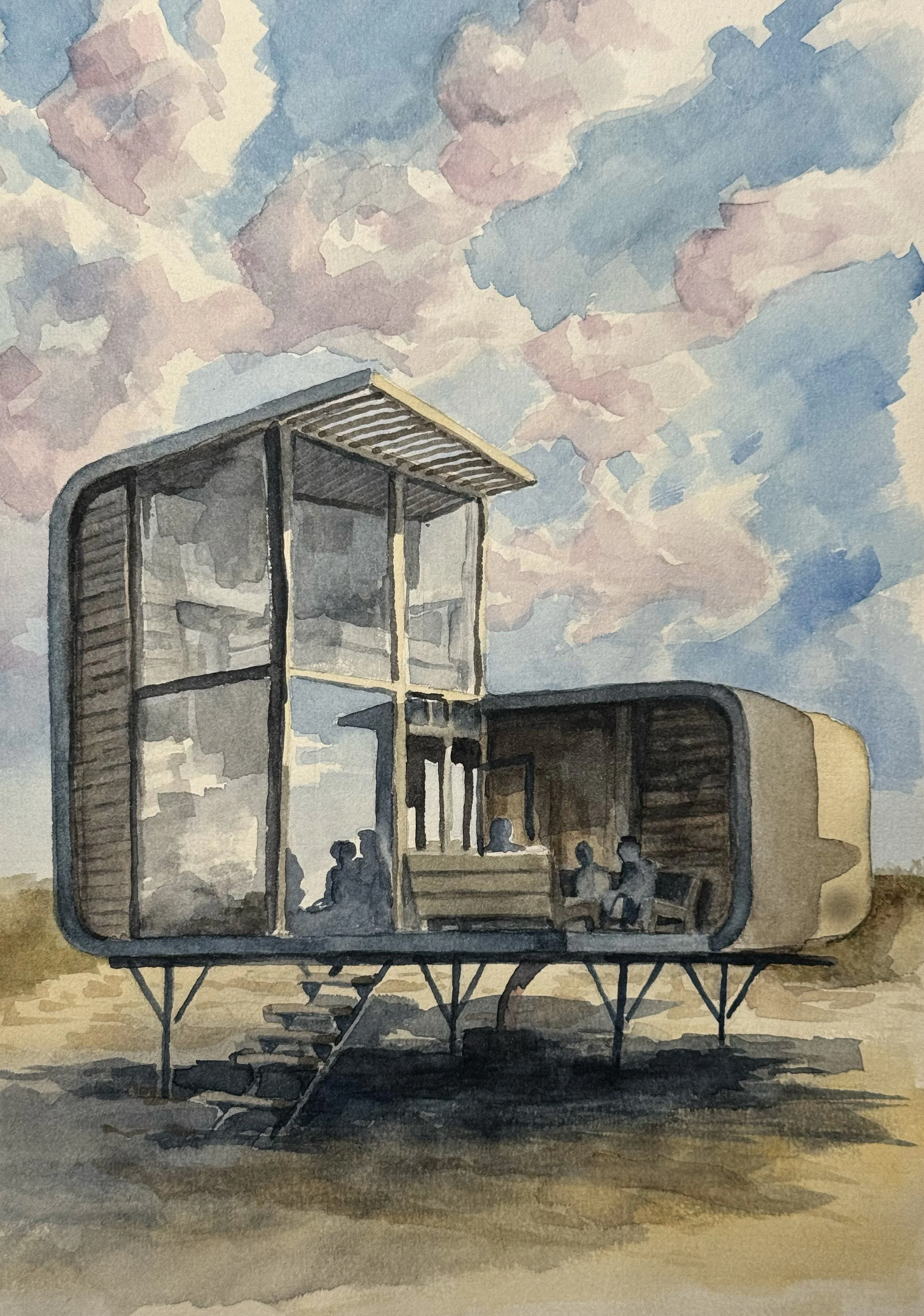 A watercolor painting of a modern tiny house on stilts with a staircase leading to the entrance, set against a cloudy sky.