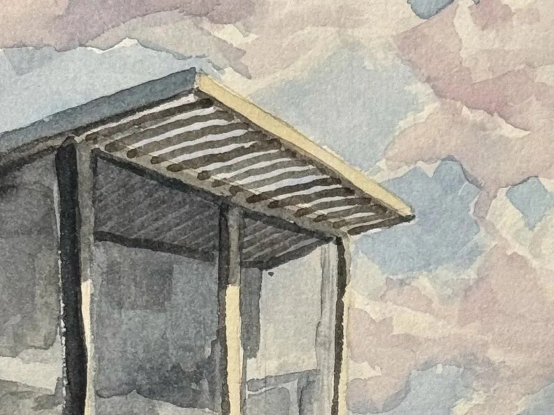A watercolor painting of a wooden balcony or terrace with a slatted roof, set against a cloudy sky.