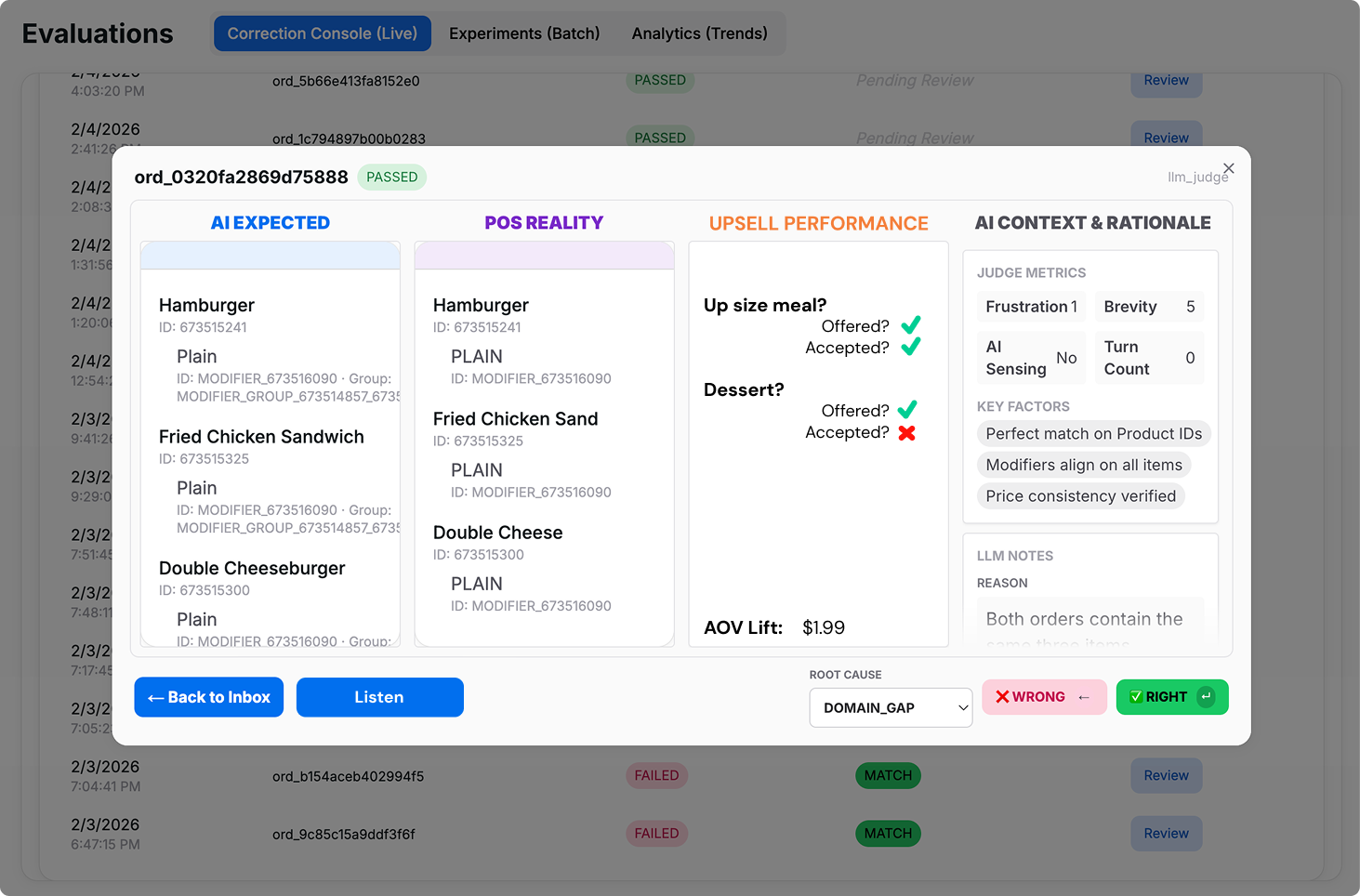 Screen shot of Sparkpoint's drive-thru observability admin panel showing upsell results and accuracy