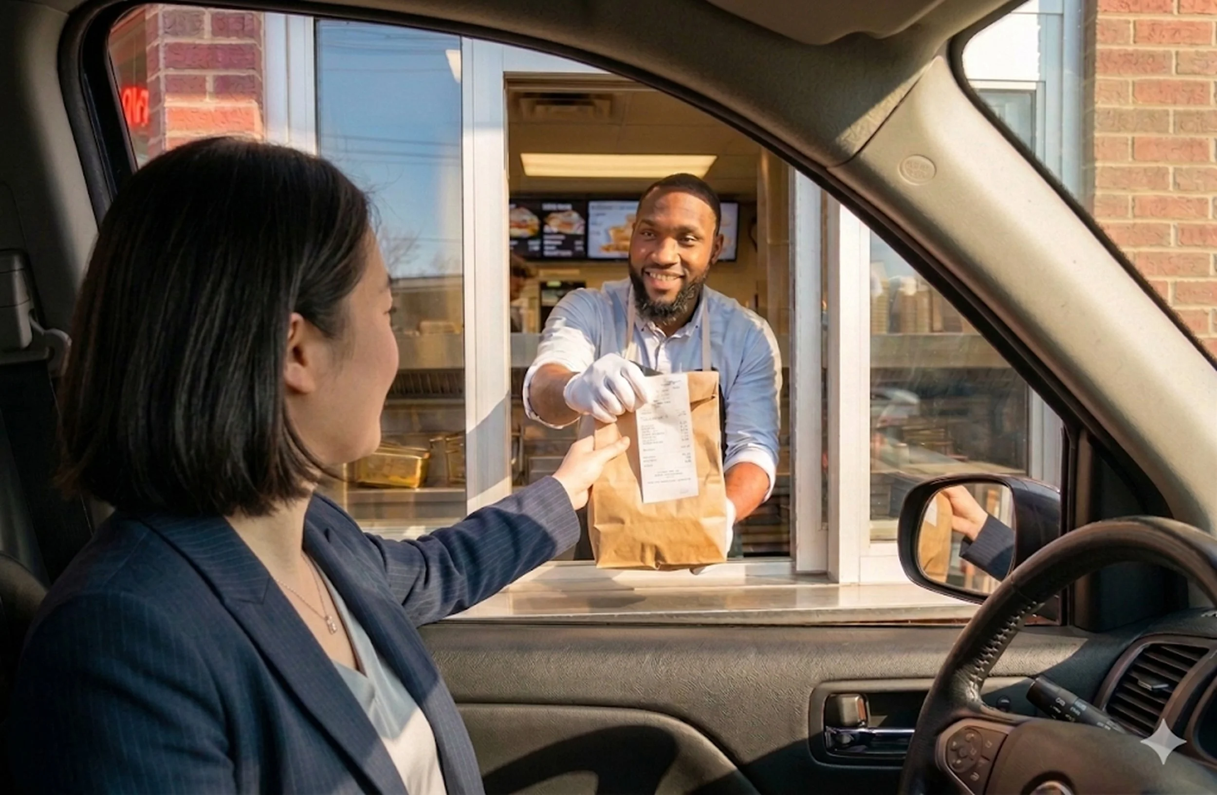 Image of a drive-thru crew member handing food to a customer