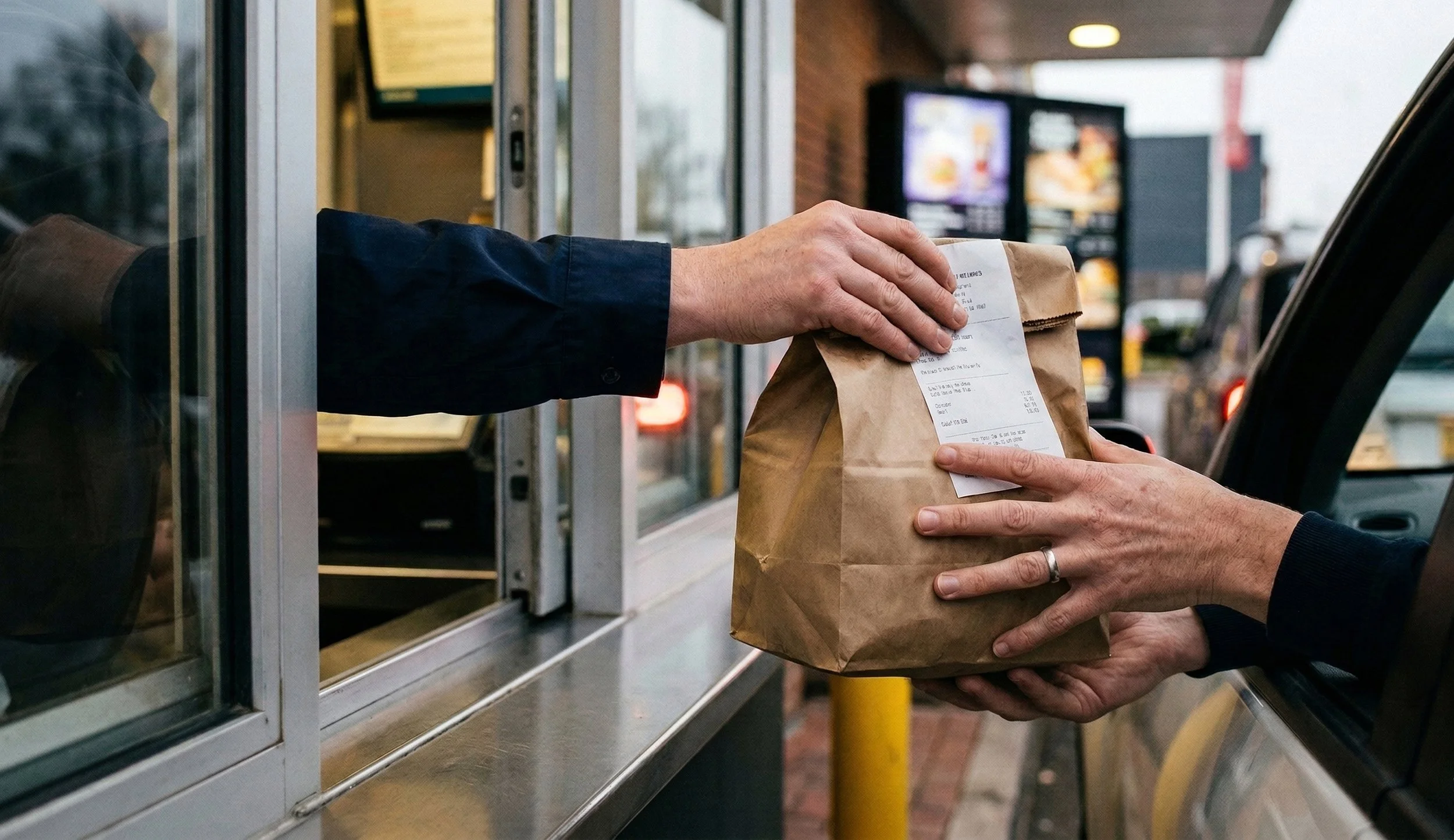 Close up image of a customer at a drive-thru reaching for their food
