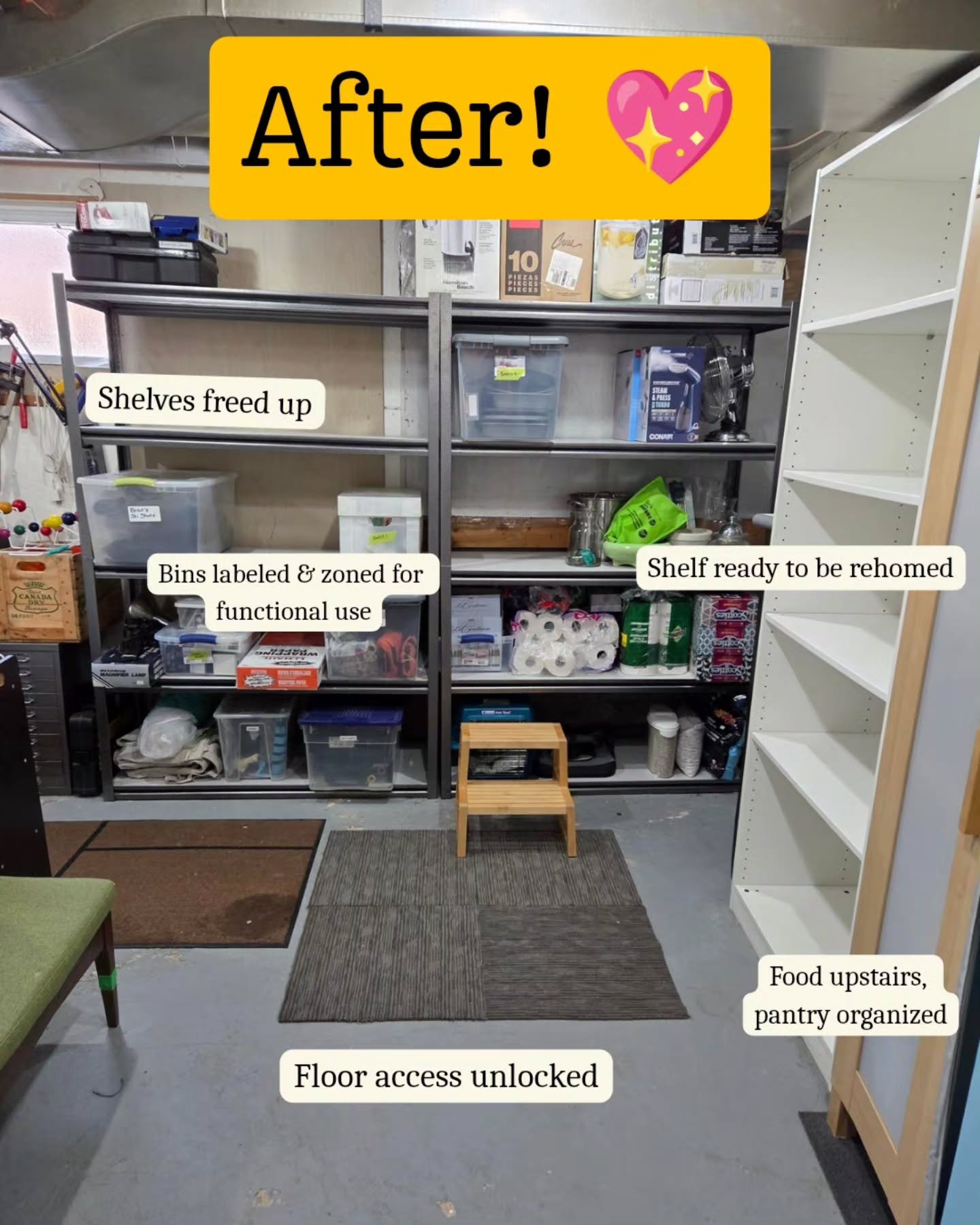 Worked on a very fun furnace room &amp; pantry reset with a wonderful client today! 😍

She had a goal to restore the identity of a few of her spaces, by using their storage with more intention- food products to live in the pantry, and appliances to 