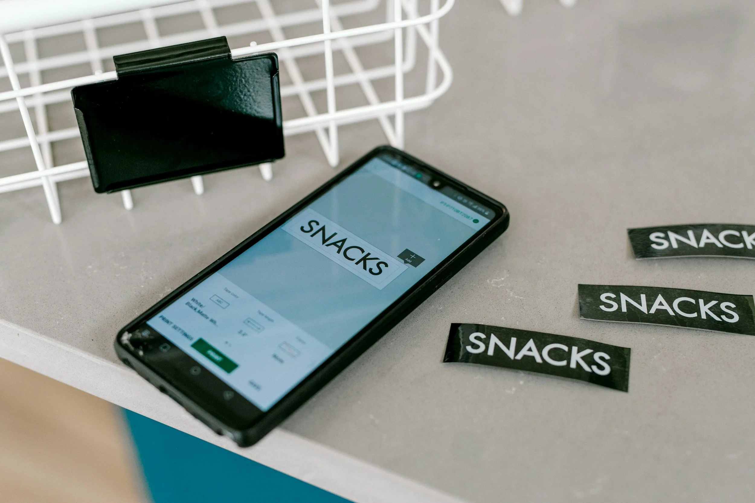 phone ready to print labels for snacks