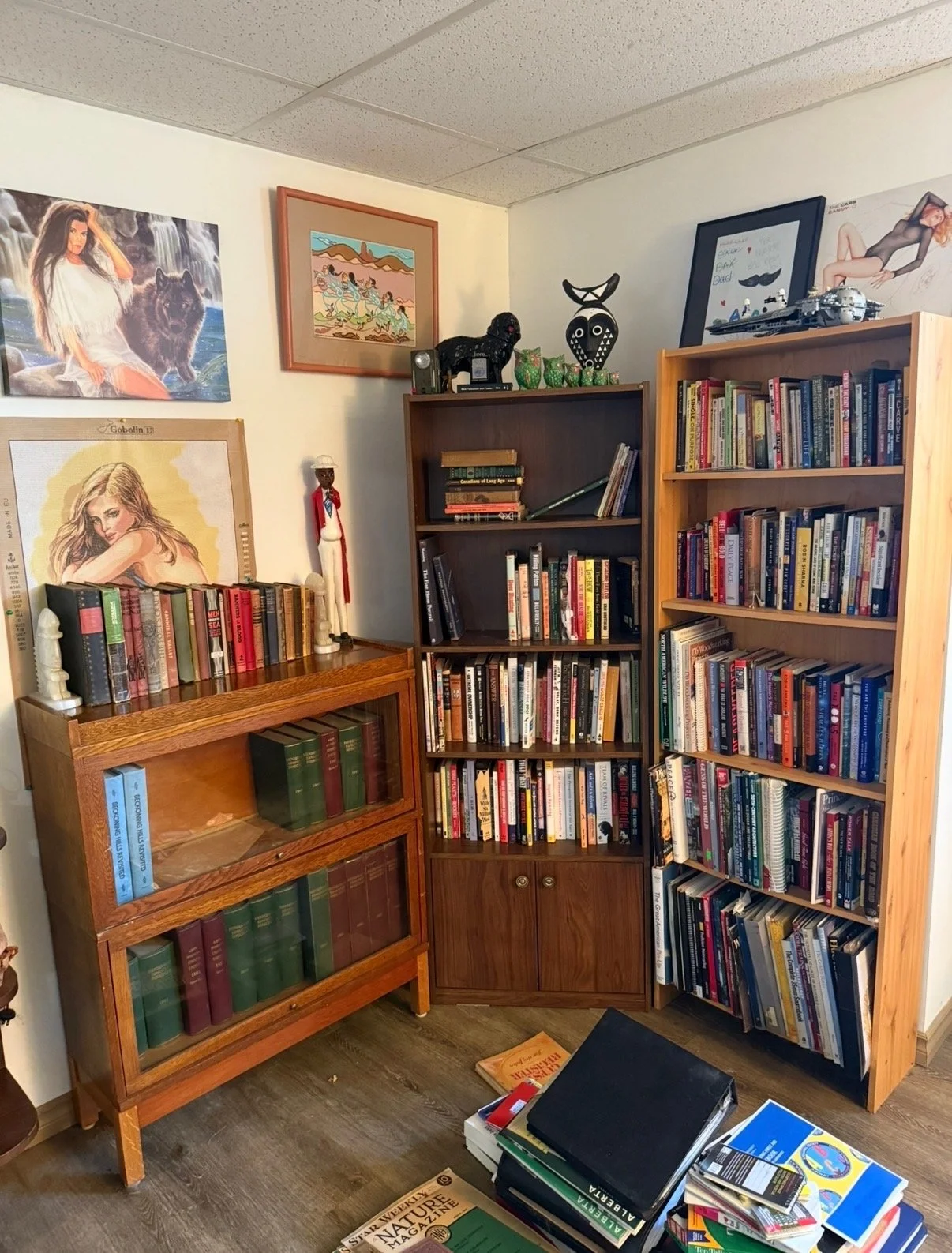 Overflowing diverse vintage book collection which has exceeded the limits of shelving and is spilling onto the floor.