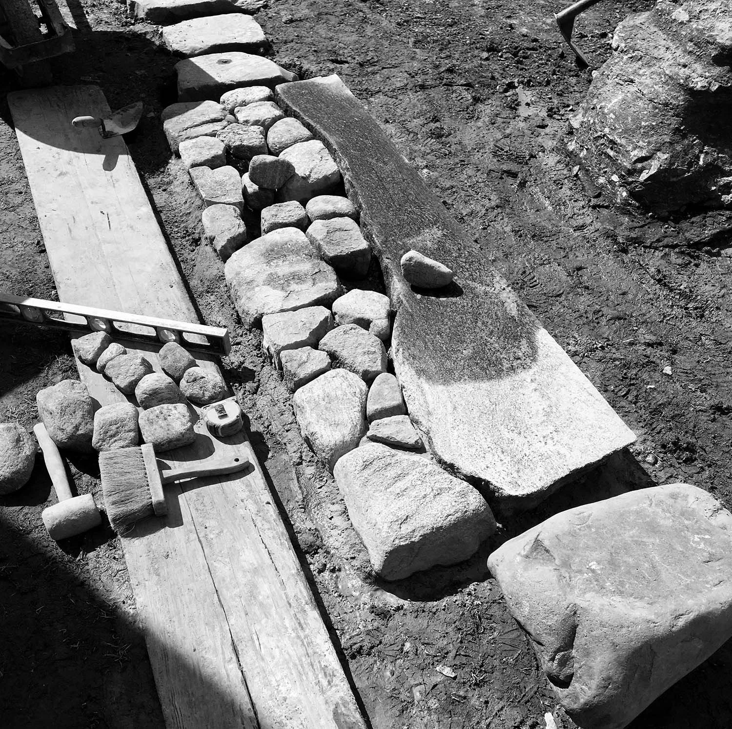 Japanese garden nobedan path made of field stone and granite slab