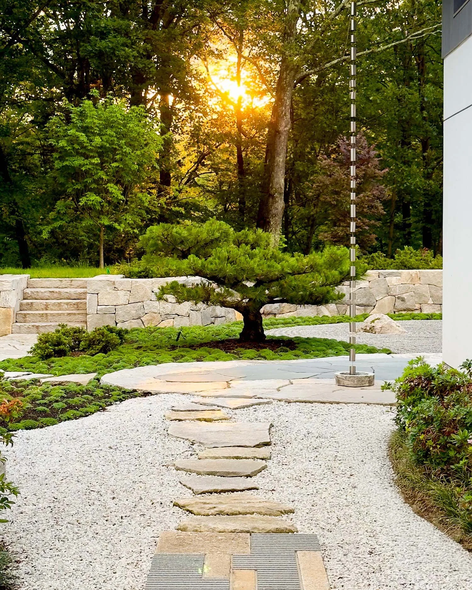Japanese Meditation garden with specimen pine tree and stepping stone path