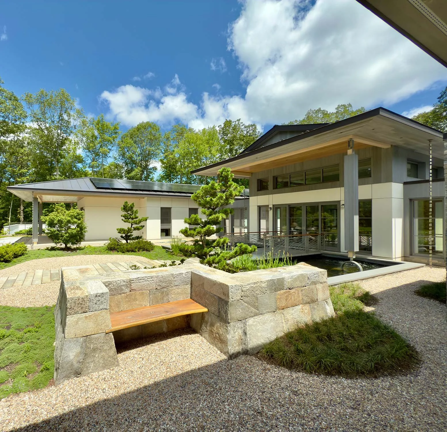 Large Japanese Garden with Japanese stone walls and black pine trees