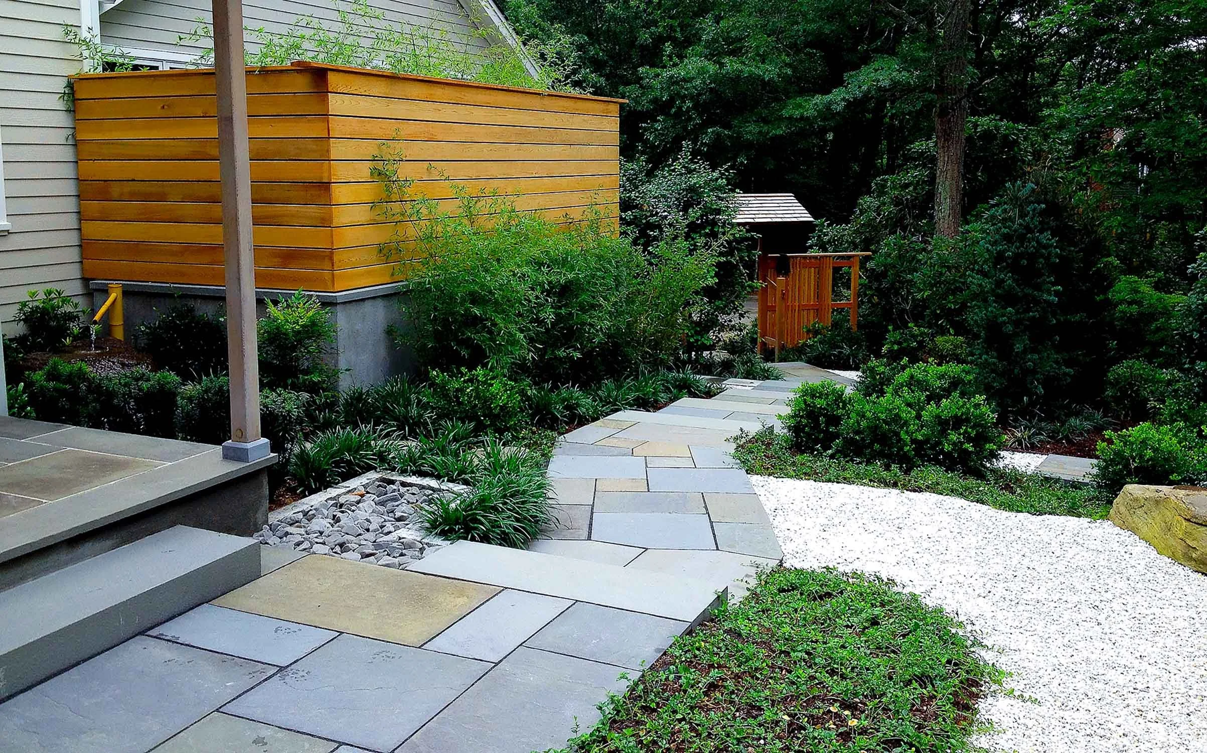 Japanese garden path for the front yard leading to the front door from the driveway, featuring a authentic Japanese wooden gate