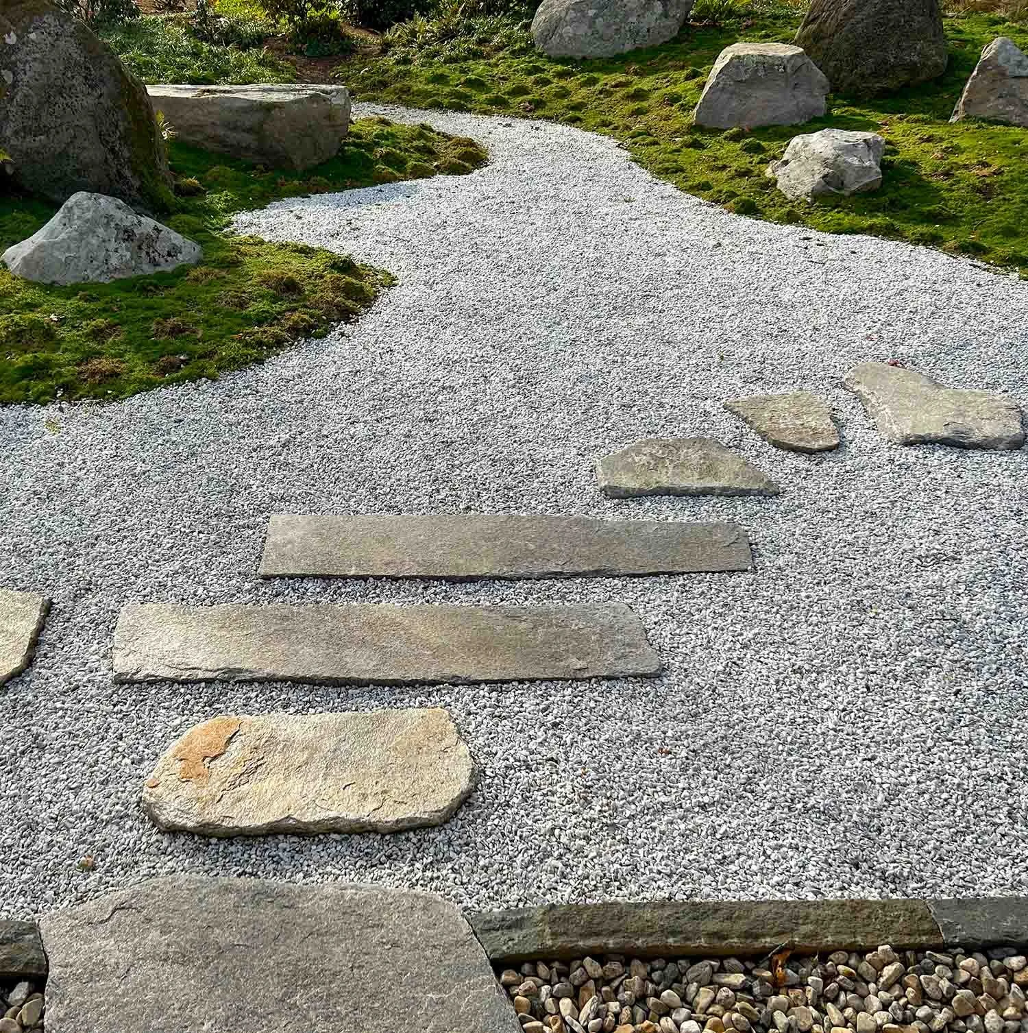 Japanese moss garden with walking path, boulders and Irish moss as ground cover