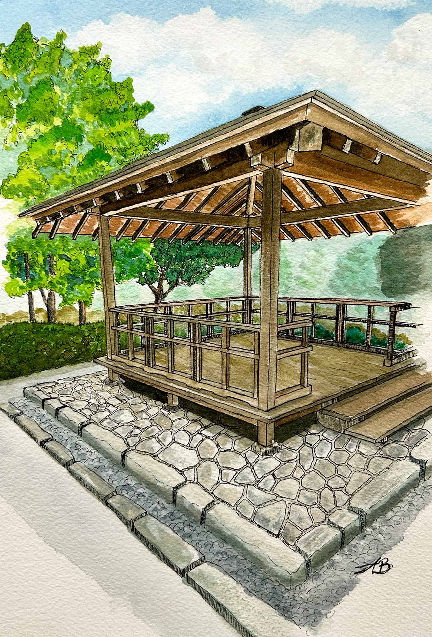 Traditional Japanese Wooden Viewing Pavilion